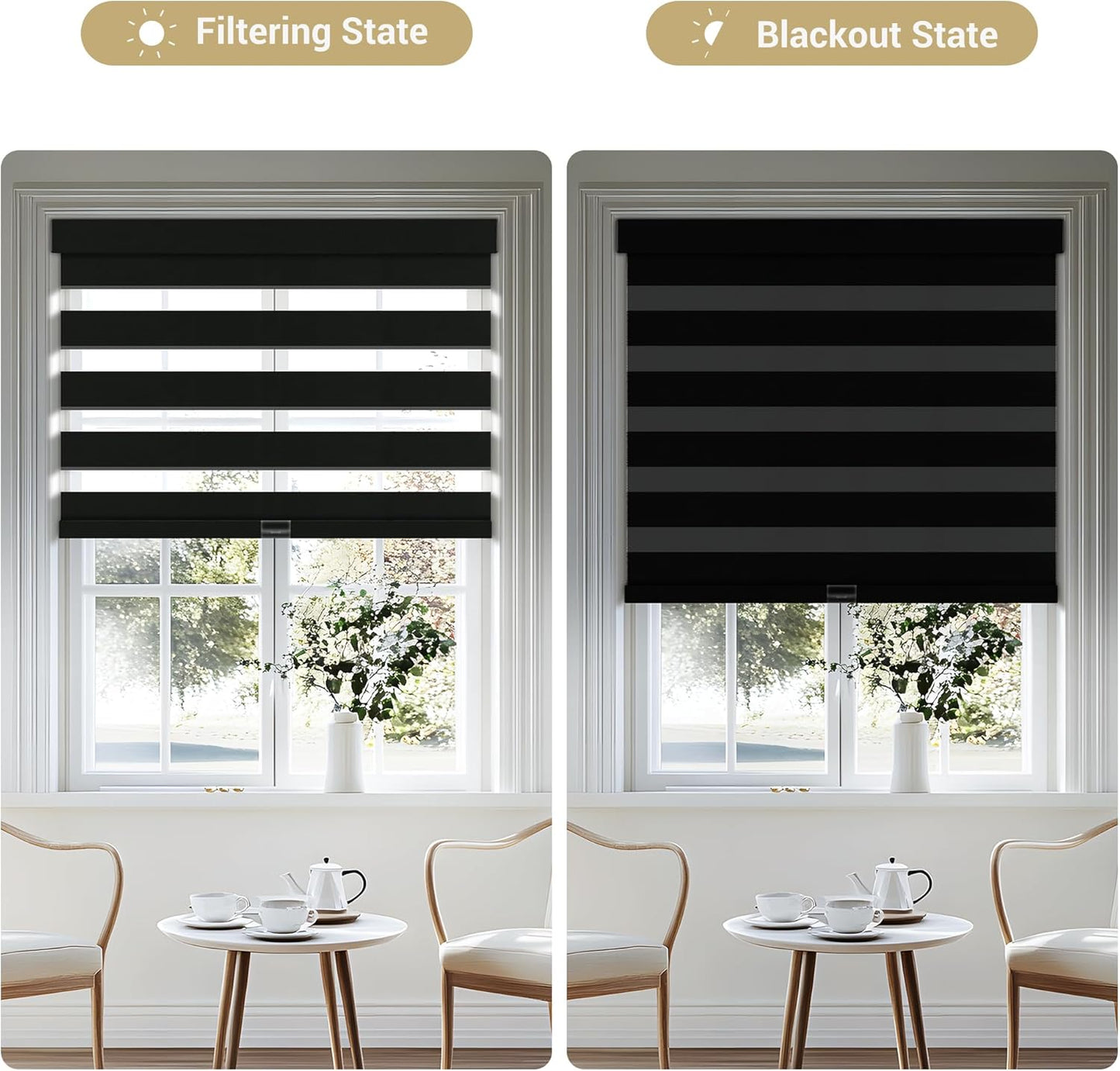 Cordless Zebra Blinds for Windows, Blackout Interior Blinds,Easy to Install,UV Protection,for Offices and Home,Custom Roller Shades, Solid Black, 62" W x 48" H