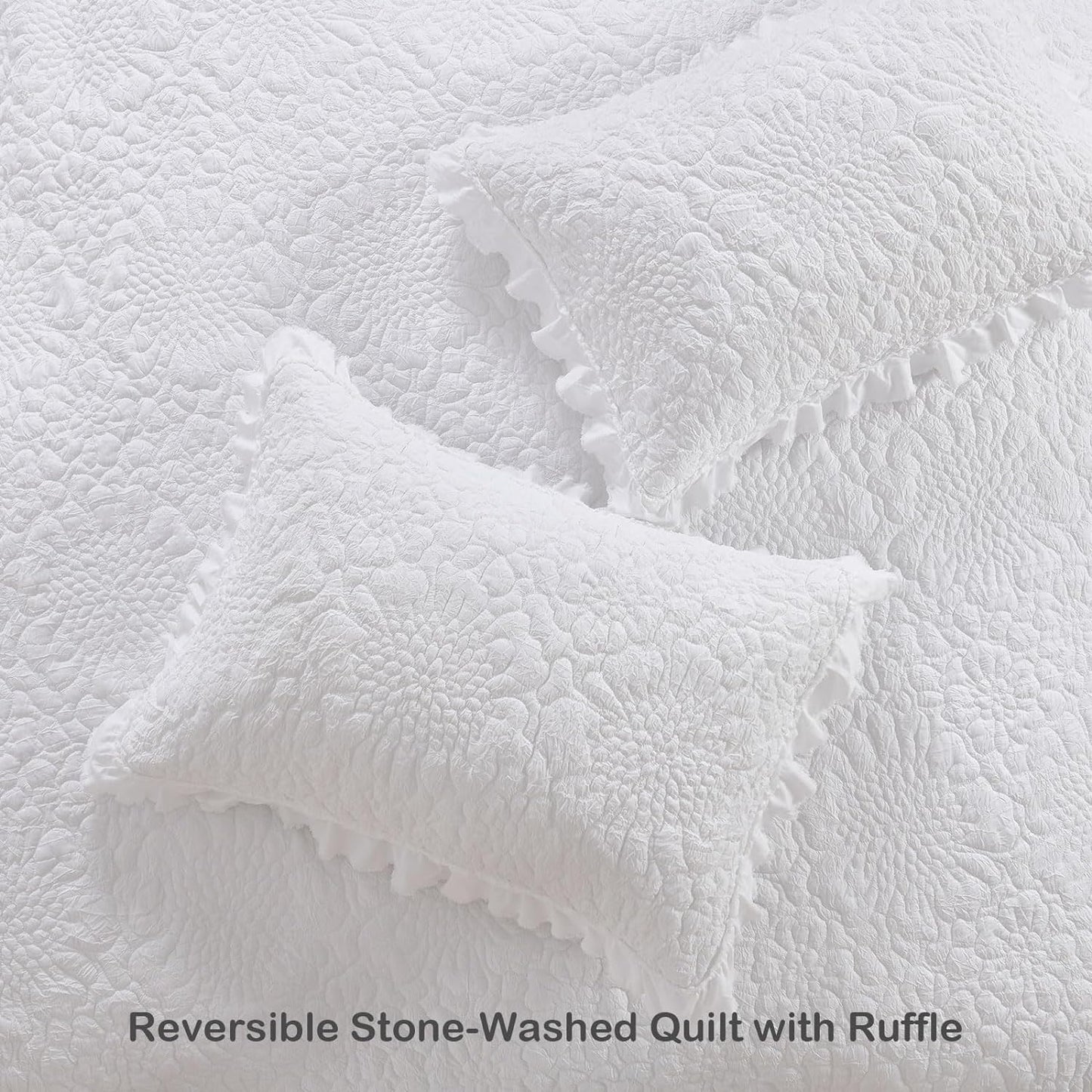HORIMOTE HOME White Ruffled Quilt Queen Size, Stone-Washed Microfiber Lightweight Crinkled Farmhouse Rustic Shabby Chic Bedding Set, 3 Pieces Reversible Bedspread with Pillow Shams for All Season