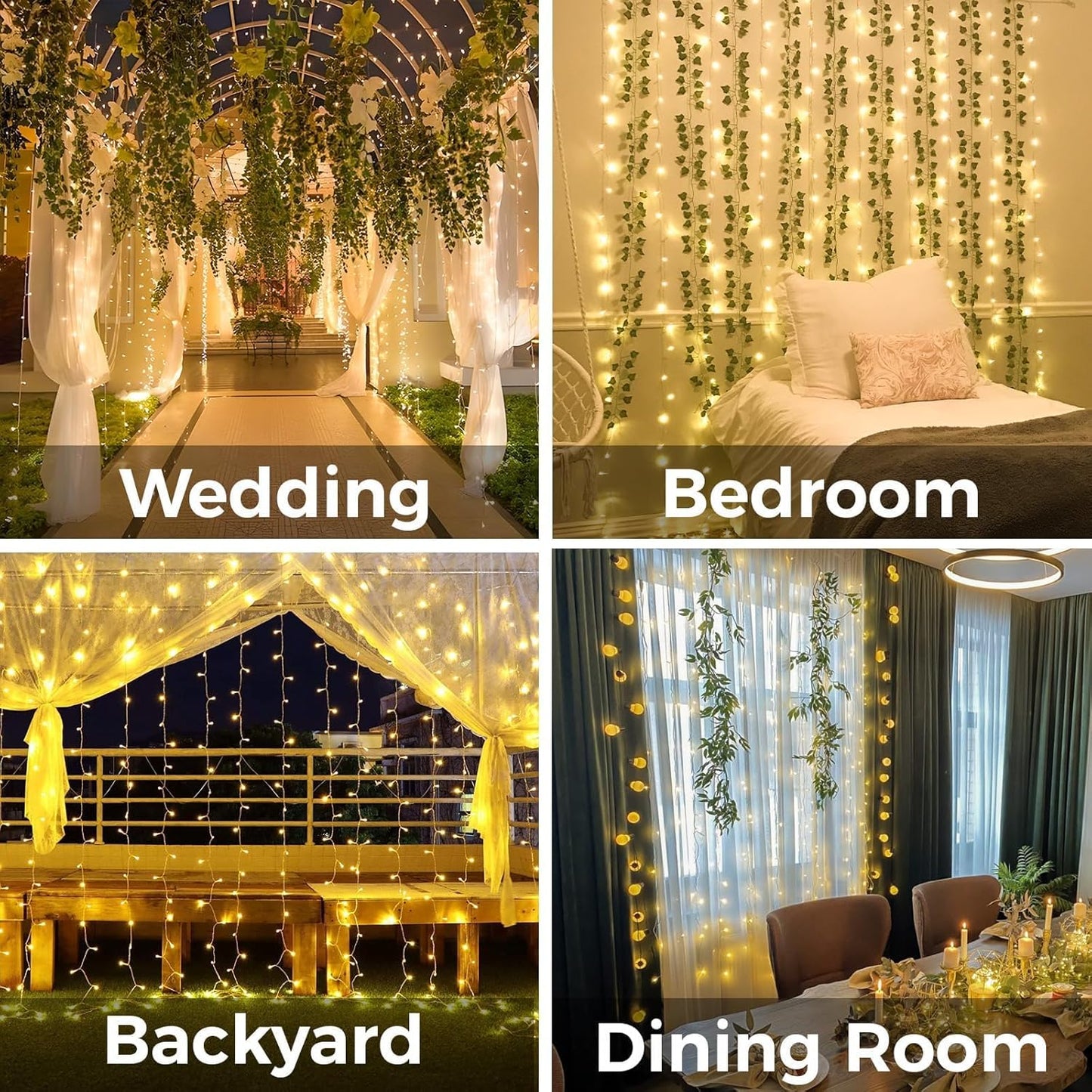 suddus Curtain Lights for Bedroom, 200 Led Hanging String Light Outdoor, Fairy Curtain Lights Indoor for Christmas, Dorm, Wall, Backdrop, Window, Wedding, Party, Birthday Decor, Warm White