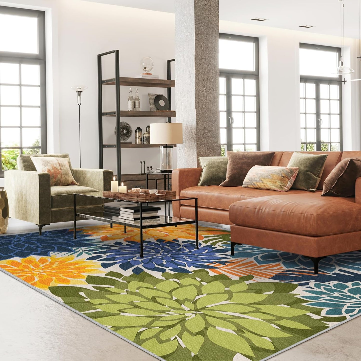 Indoor Outdoor Area Rug Washable Multicolored Patio Rug Tropical Botanical Modern Floral Indoor Outdoor Carpet Non Slip Yellow Green Rug Non Shedding for Patio, Deck, Backyard, Porch (6x9)