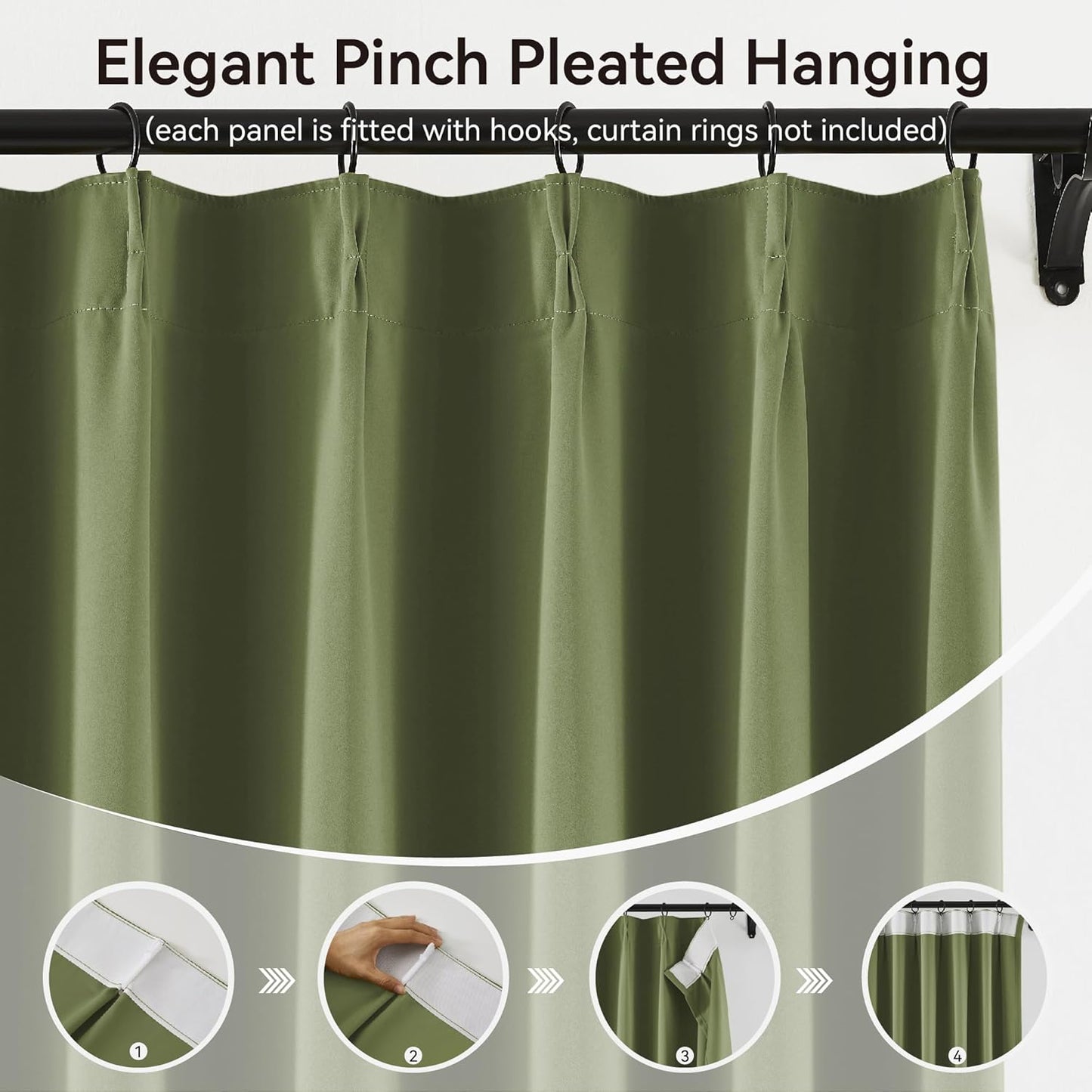 KangBang Sage Green 90 Inch Blackout Pleated Curtains 2 Panels Set-Pinch Pleat Thermal Insulated Black Out Drapes for Bedroom Light Blocking Window Covering Darkening Drapes for Living Room, 40Wx90L