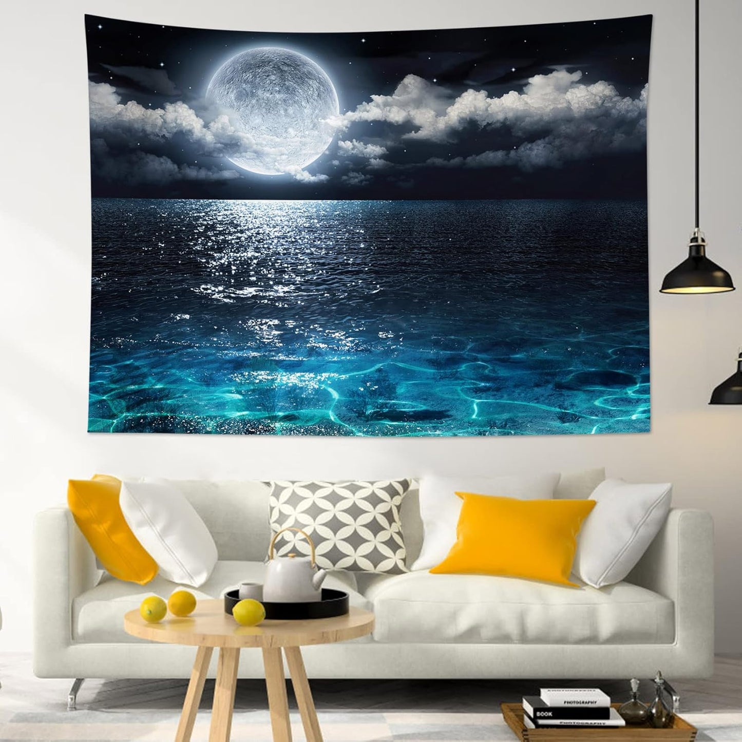 LB Blue Ocean Moon Tapestry White Cloud and Full Moon Over Ocean Tapestry Wall Hanging Fantasy Night Sky Wall Art for Bedroom Living Room Dorm Wall Decor,80 x 60 Inches