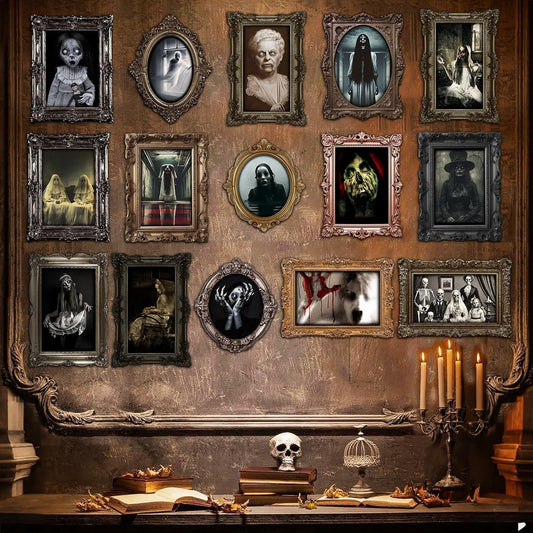 15 Halloween Gothic Mansion Haunted Horror Picture Frames, Waterproof Durable, with 80pcs Self Adhesive Dots, Photo Decorations For Haunted Home Family Castle Masquerade Party 2025 Color
