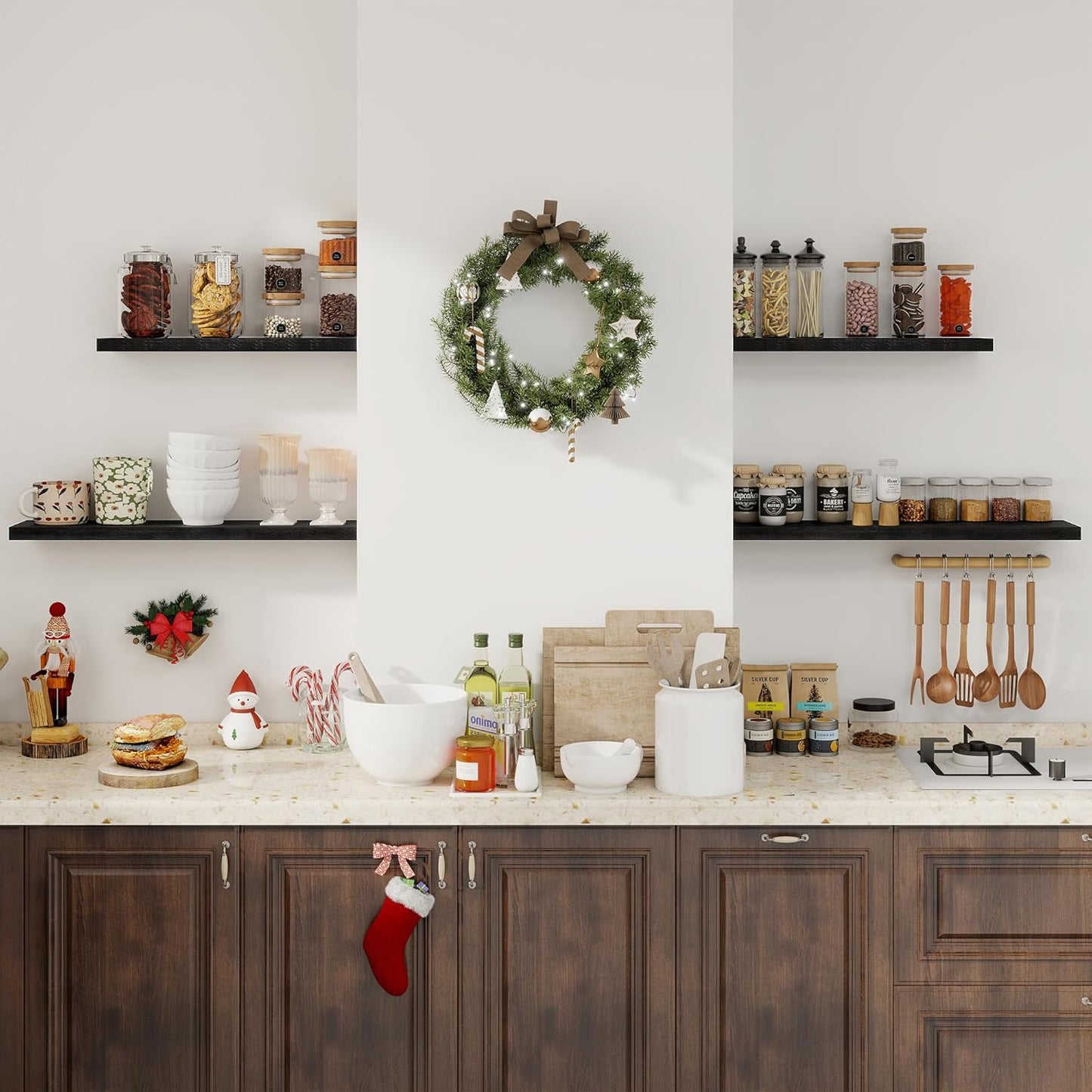 Fun Memories 36Inch Floating Shelves for Wall 2 Pack Wood Shelves for Kitchen, Bathroom, Bedroom Wall Mounted Rustic Wood Floating Shelf with Invisible Brackets for Books, Storage, Decor, Black