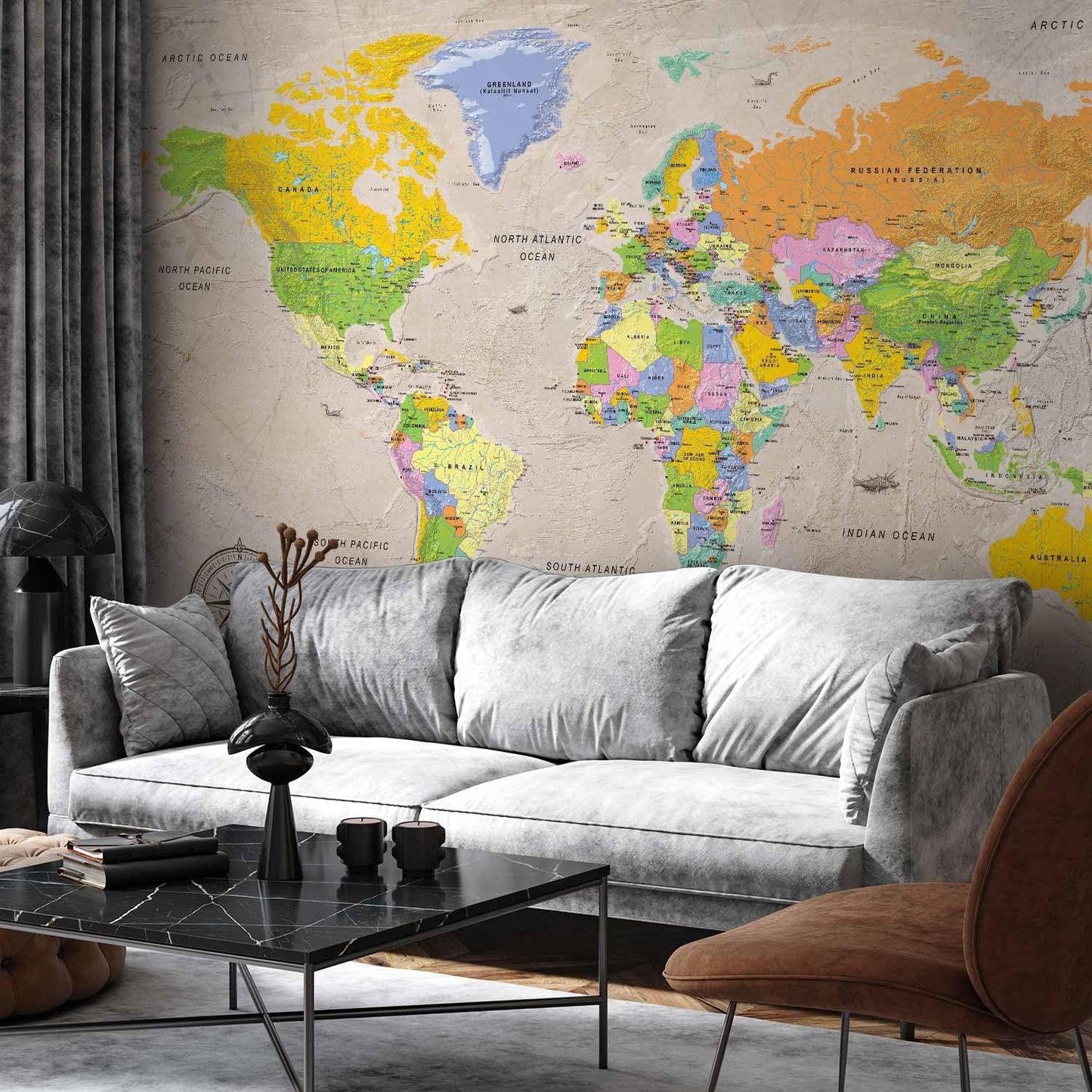 artgeist Premium Wall Mural World Map 138x101 in - XXL Non-Woven Wallpaper Fleece Wall Decor Photo Print Picture Image Design Home Map of The World k-A-0129-a-a