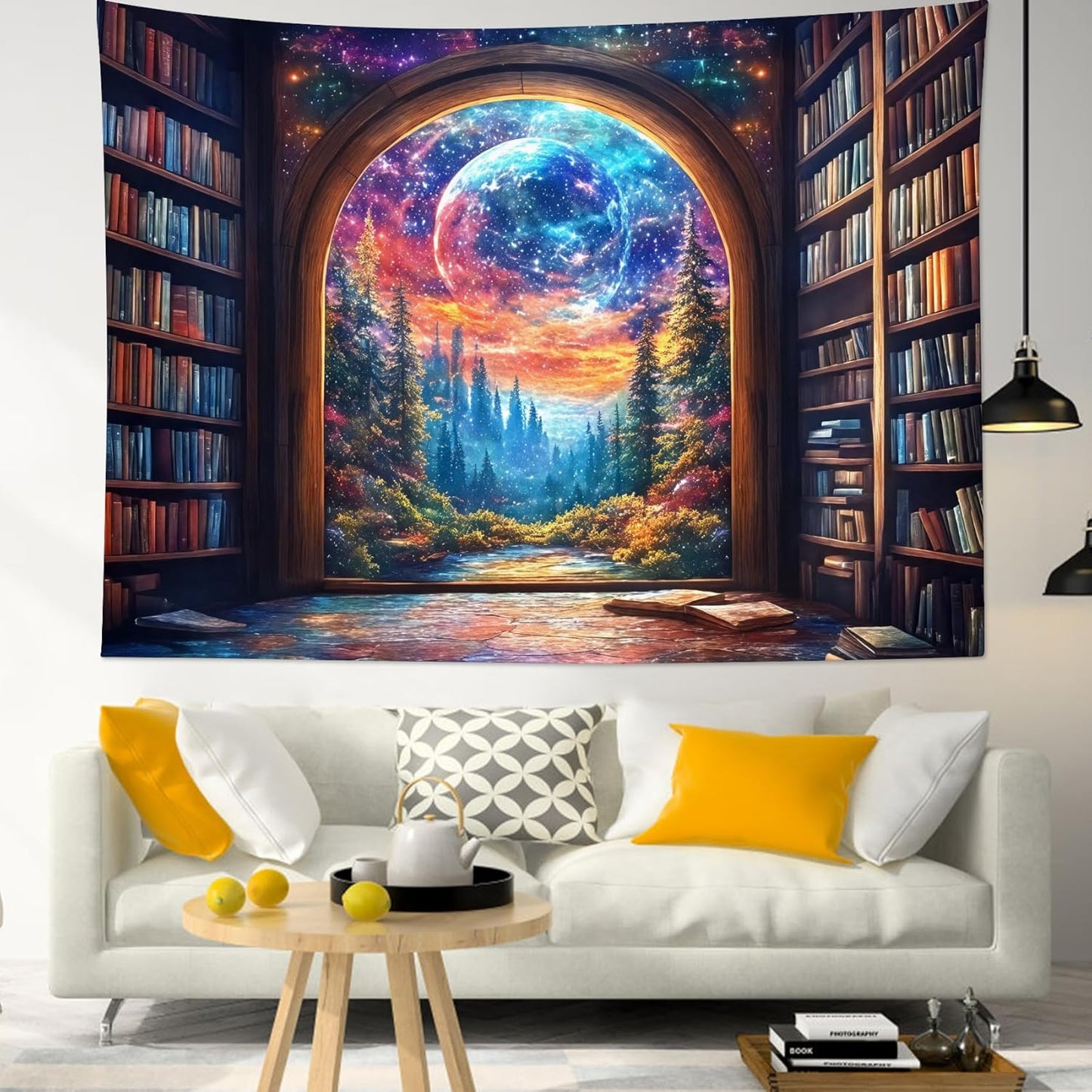 LB Fantasy Bookshelf Moon Tapestry, Trippy Tree and Vintage Library in Forest Wall Tapestry for Bedroom, Galaxy Cool Wall Art for Living Room Dorm Classroom Home Decor Ready to Hanging, 80 x 60 Inches