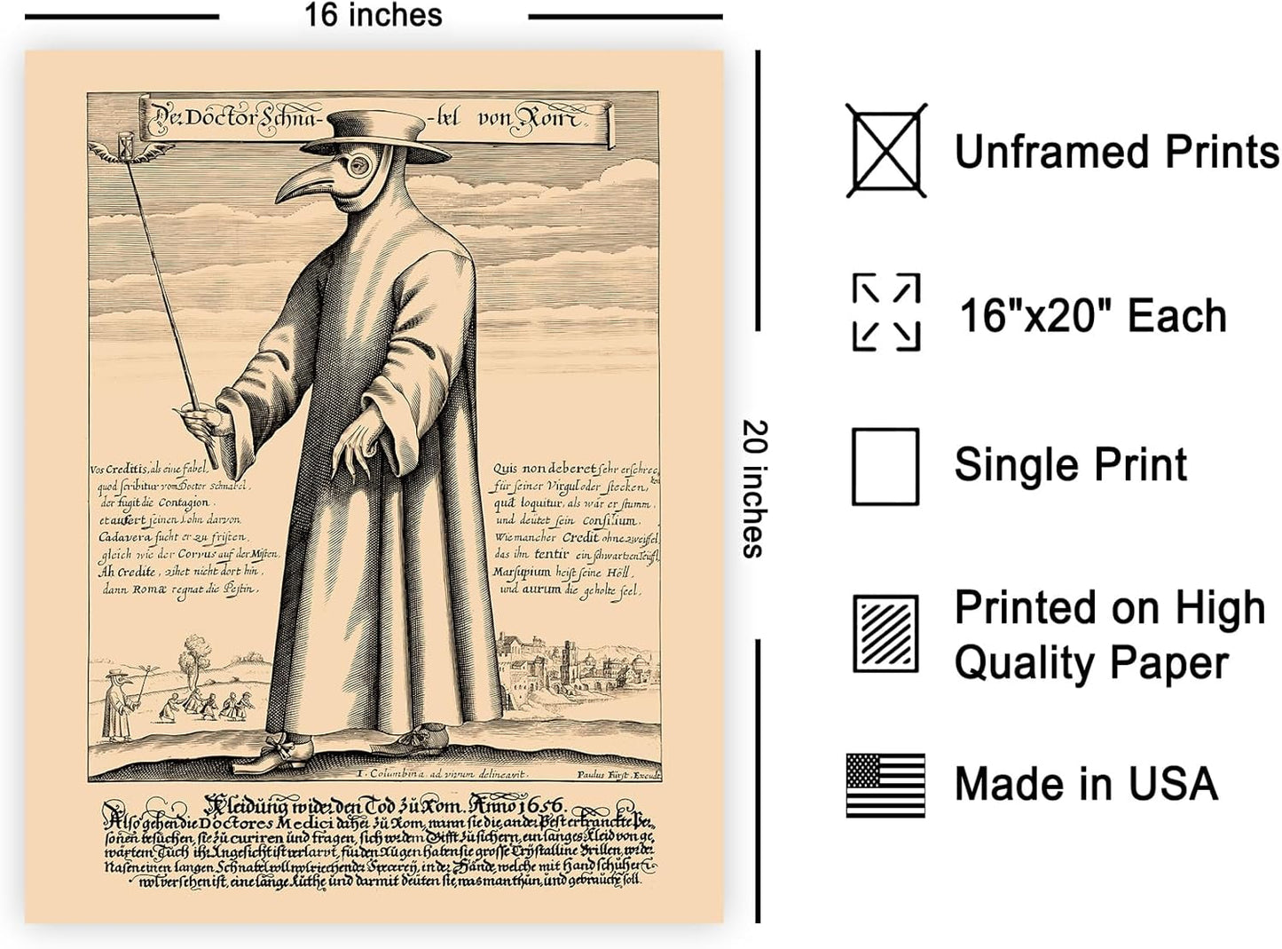 Poster Master Vintage Doctor Schnabel from Rome Poster - Retro Plague Doctor Print - Medieval Art - Gift for Men & Women - Great Wall Decor for Dorm, Living Room or Bedroom - 16x20 UNFRAMED Wall Art