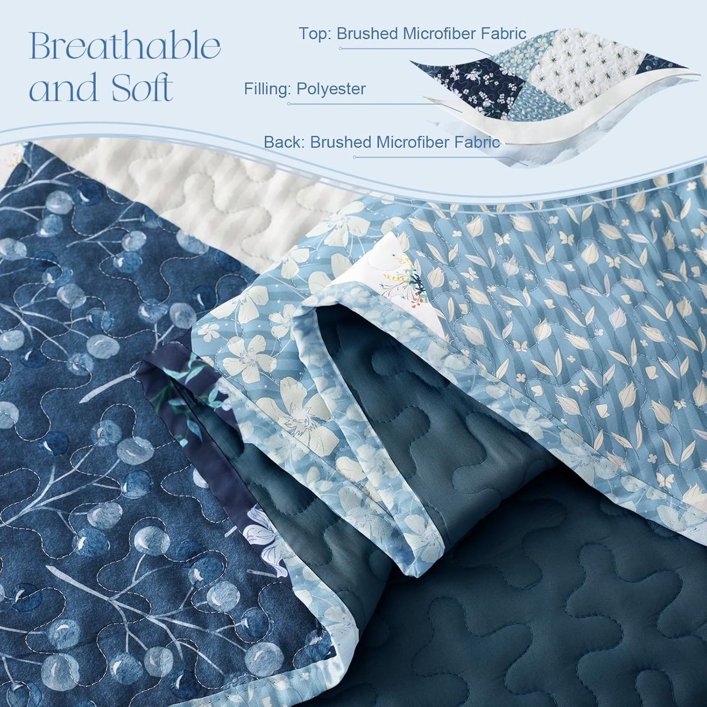 Exclusivo Mezcla Reversible Boho Quilt Set Queen Size, 3 Pieces Patchwork Blue All Season Bedspreads, Ultra Soft Floral Coverlet Bedding Set with Printed Pattern (1 Quilt, 2 Pillow Shams)