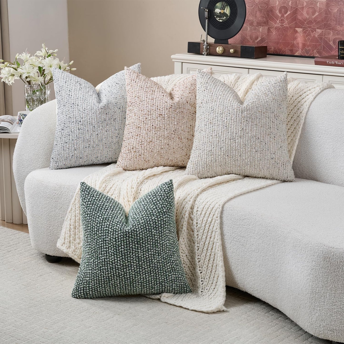 Striped Throw Pillow Covers 16x16 Set of 2 Beige Textured Boucle Chic Morden Boho Accent Farmhouse Square Decorative Couch Pillow Covers for Home Decor Bed Sofa Living Room