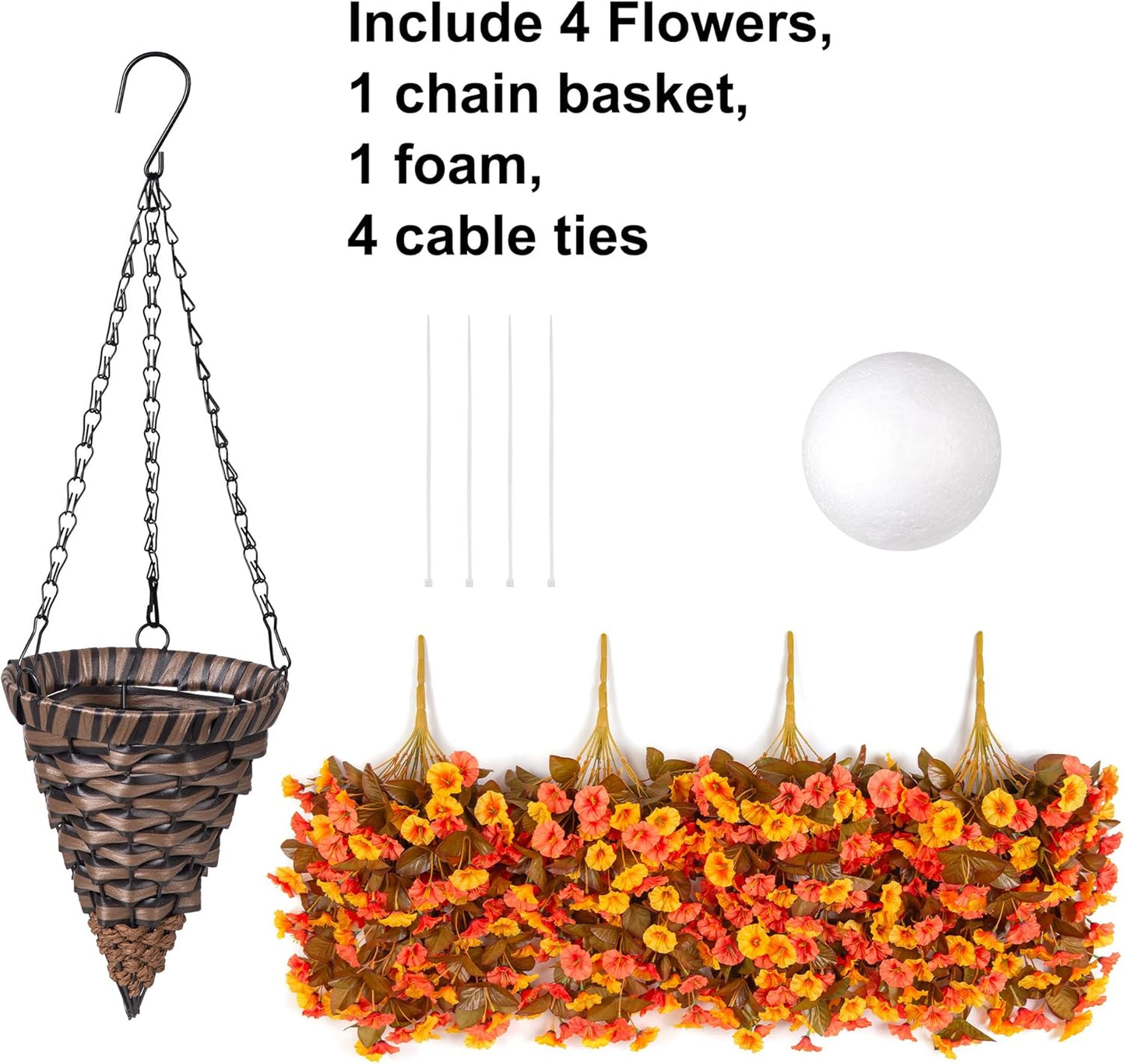 Artificial Fall Fake Hanging Flowers Plants Basket for Outdoor Autumn Decoration, Faux Silk Morning Glory Long Stems Vines Realistic UV Resistant for Outside Home Porch Garden (Fall Orange+Yellow)