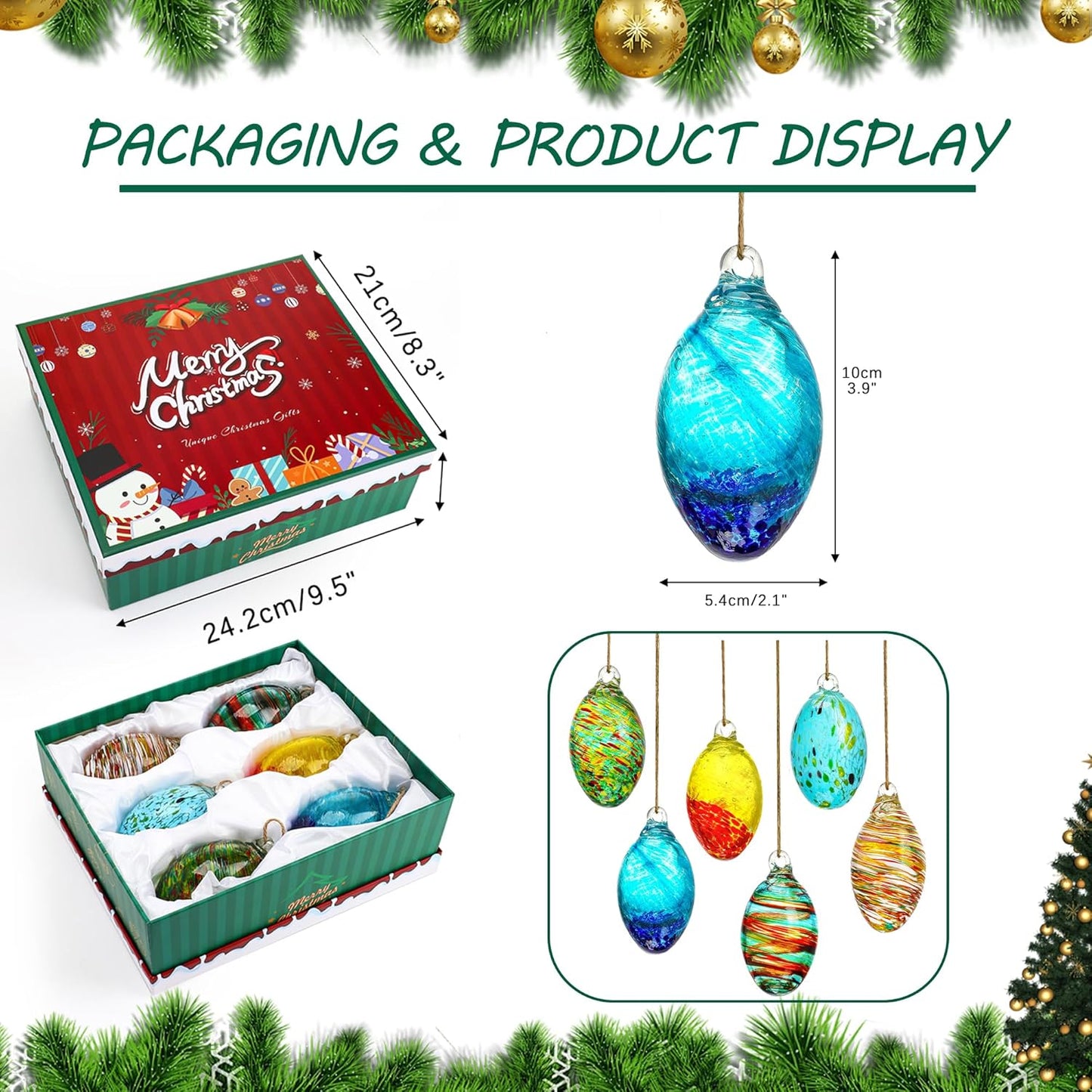 Set of 6 Hand Blown Glass Egg Ornaments Hanging Gazing Ball Witches Ball Friendship Decor for Home Outdoor Wedding Party