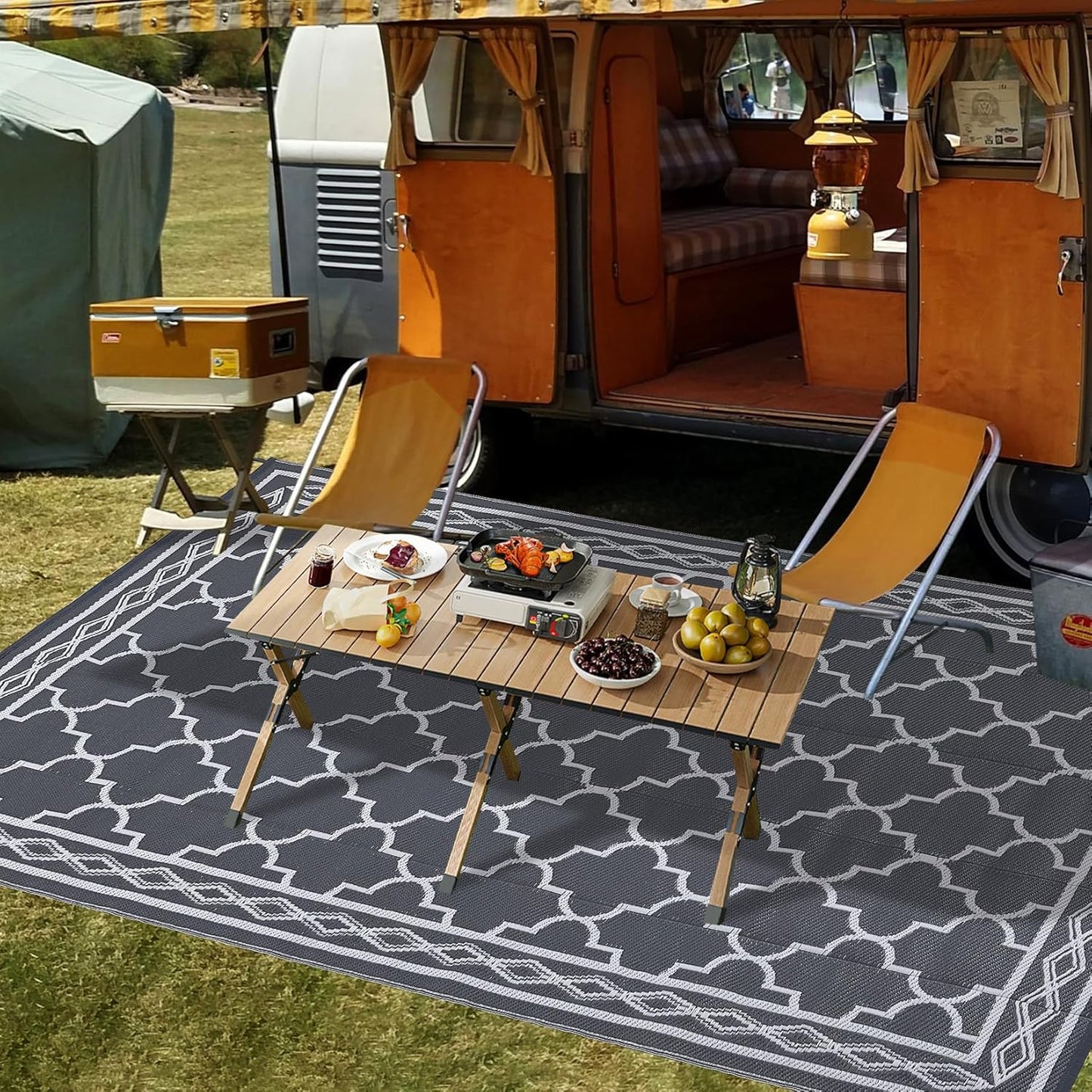GAOMON Outdoor Rug Waterproof 8'x10', Reversible Outdoor Plastic Straw Rug, Boho Patio Rug, Indoor Outdoor Carpet, RV Mat Outside for Patio, Camp, Picnic, Balcony, Deck, Grey/White(Geometric)