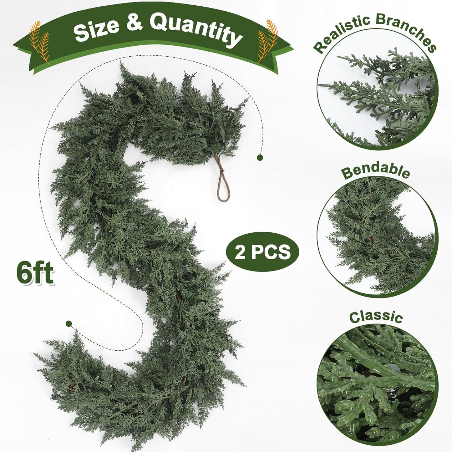 Jutom 2 PCS 6 ft Christmas Cedar Garland - Artificial Realistic Holiday Cedar Pine Needles Greenery Garland Decoration for Mantel Table Winter Party