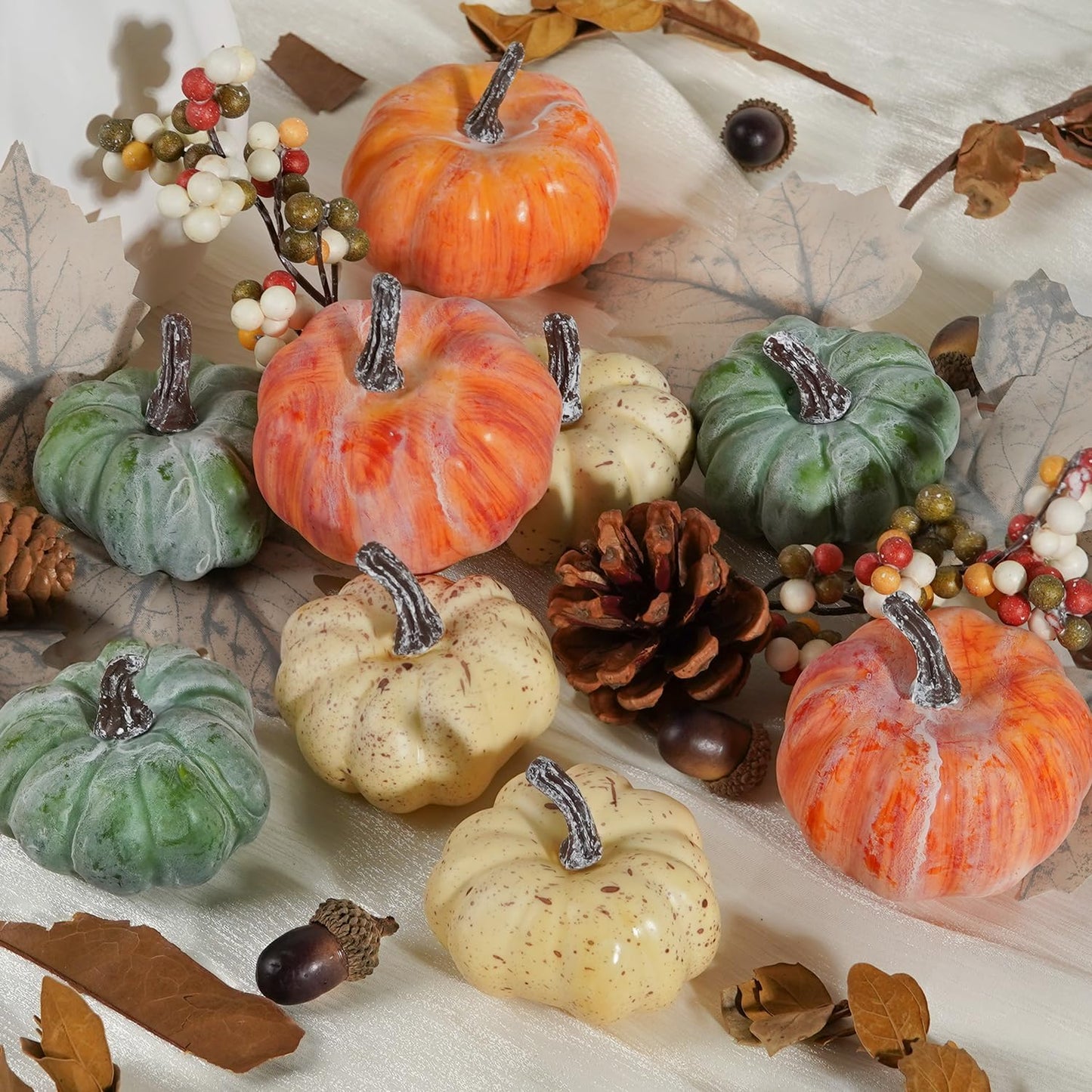 Artmag 25 PCS Pumpkin Decor Set, Artificial Pumpkins Fall Decor for Halloween Thanksgiving Decorations with Acorns, Pinecones, Berries, Maple Leaves for Home Table