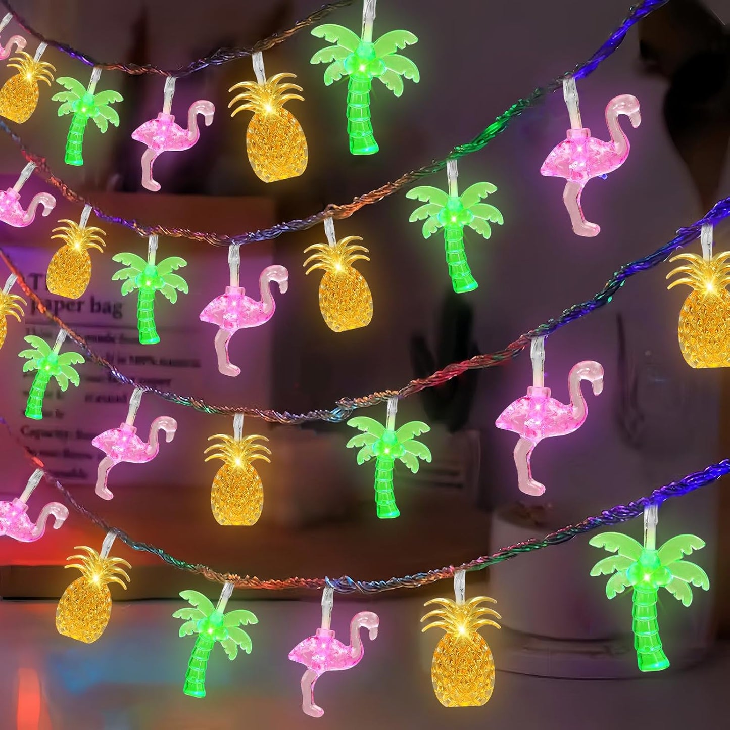 Summer Tropical Beach Hawaiian String Lights - 30 LED 16Ft Battery Operated Tropical Flamingo Pineapple Palm Tree Lights for Luau Pool Decor, Hawaii Theme Summer Outdoor Indoor Party Decorations