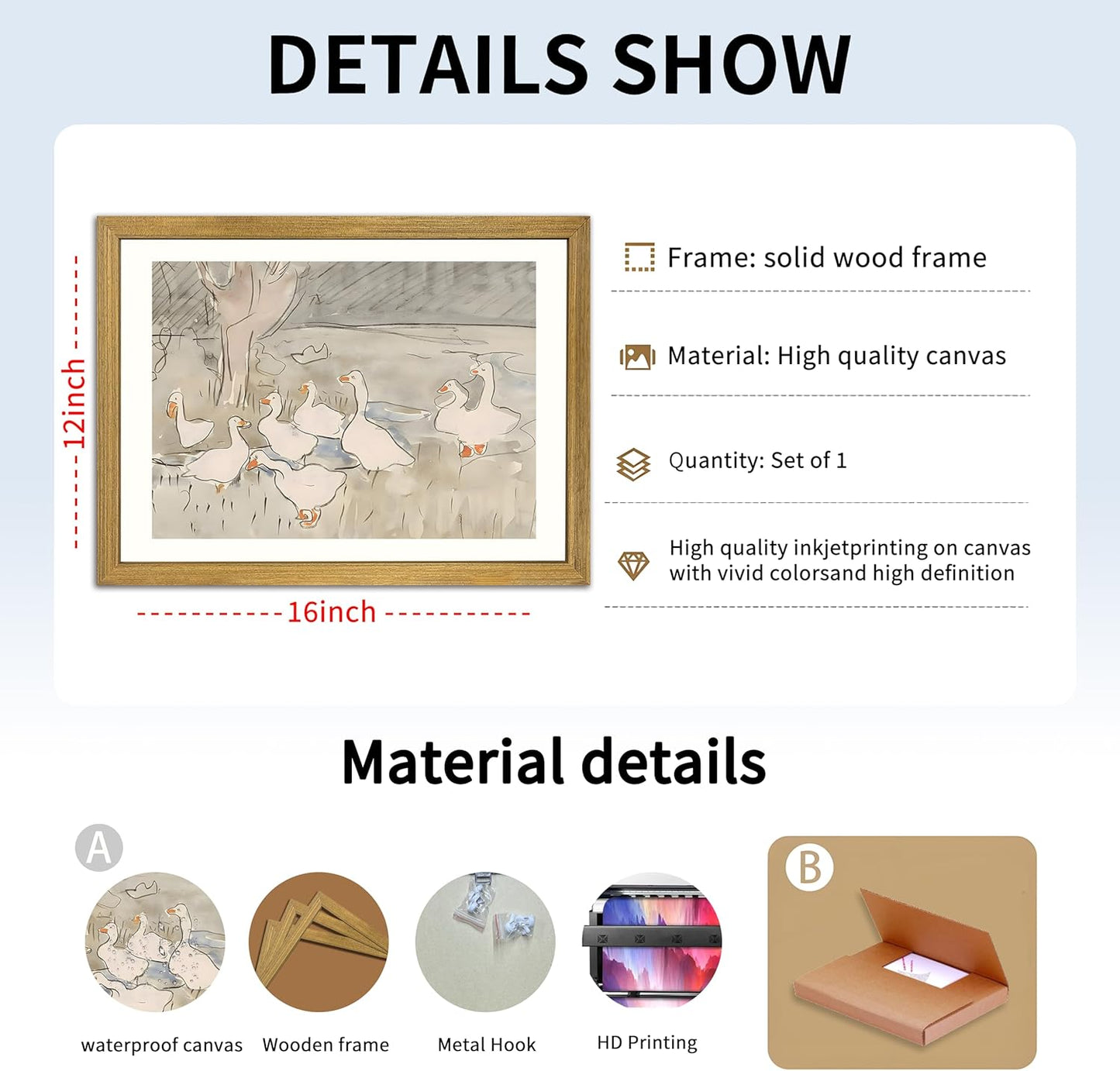 Vintage Framed Goose Wall Art Watercolor Print, Rustic Farm Duck Decor Canvas Painting, Minimalist Pastoral Poster Picture, Country Cottage Wall Decor for Living Room Kitchen Bathroom Bedroom 12x16 in