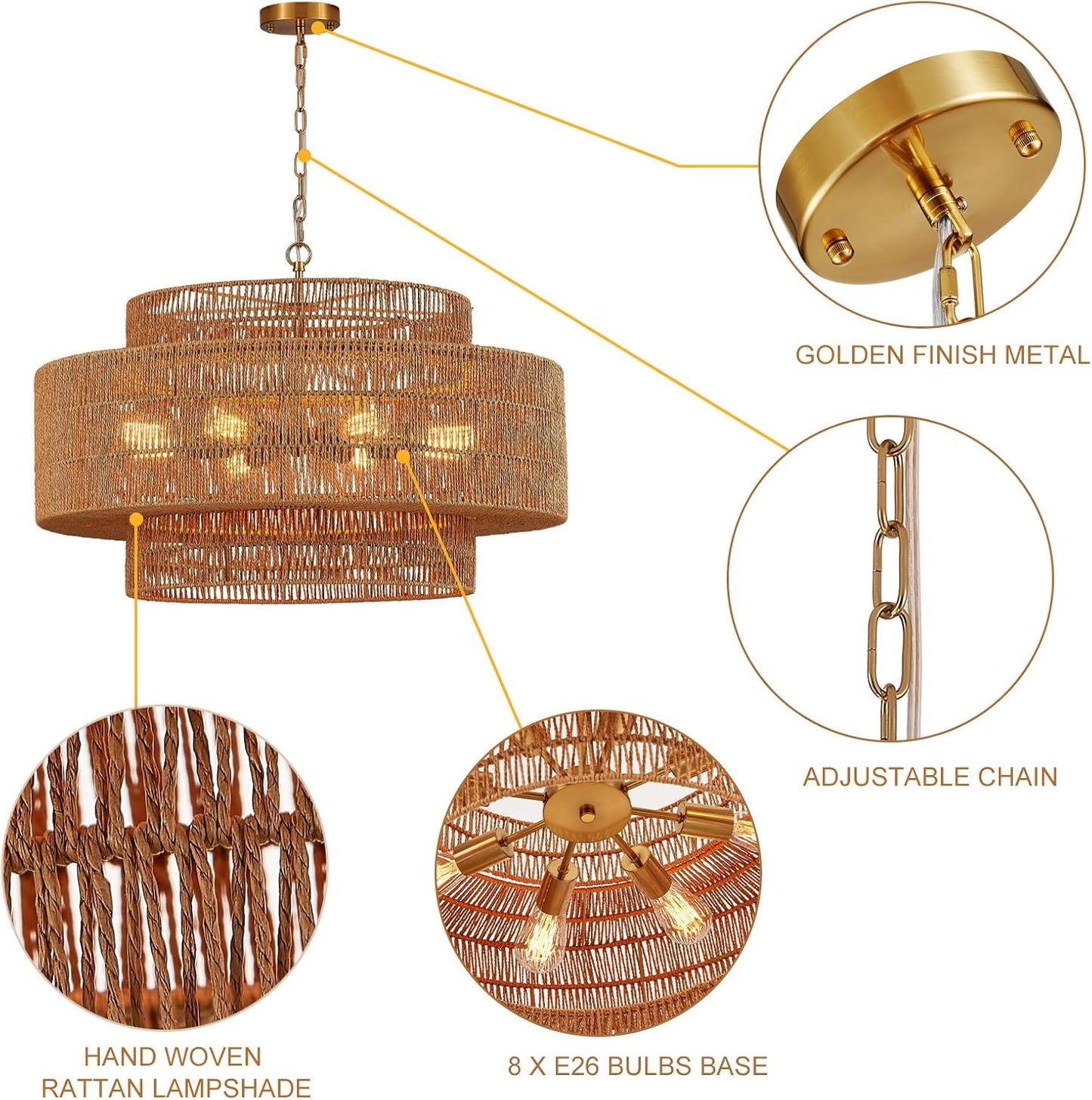 30” Large Rattan Chandelier Light Fixture 8-Light Vintage Farmhouse Hand-Woven Boho Bamboo Rattan Chandelier 3-Tier Drum Wicker Gold Chandeliers for Dining Room, Kitchen, Living Room