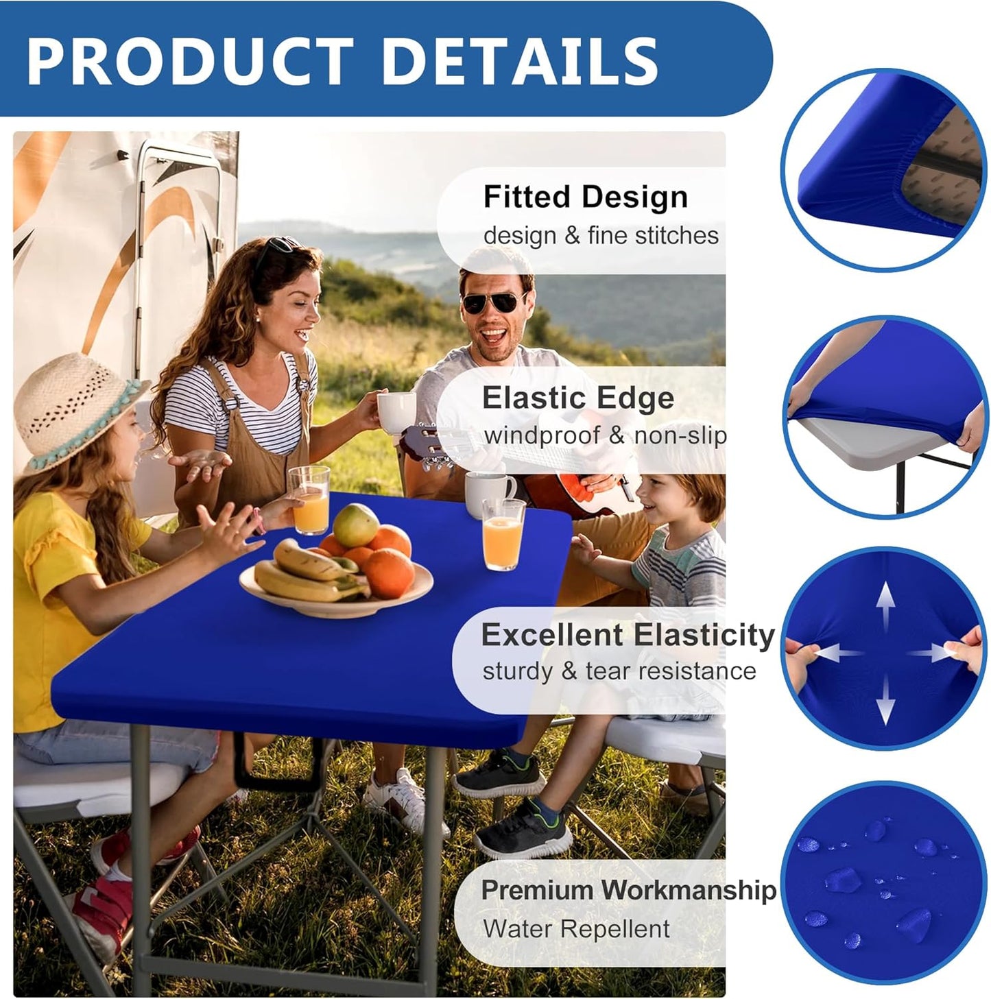Fitted Tablecloth for 8 Foot Rectangle-4 Pack Royal Blue Elastic Outdoor Picnic Table Cover-Spandex Stretch Folding Table Cloths 8ft for Camping Dining Room Patio Kitchen Banquet Party