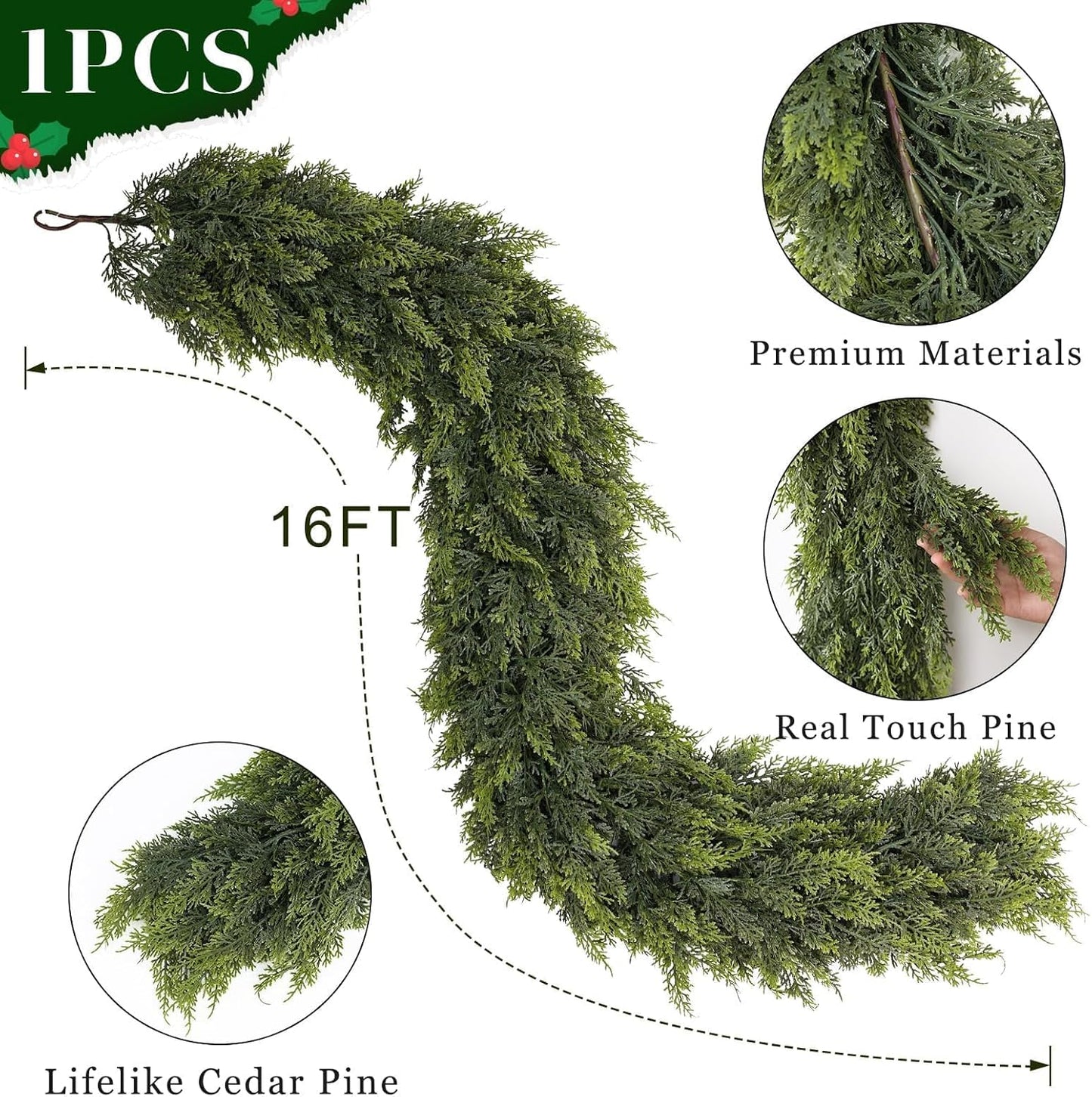 Real Touch Cedar Garland - Artificial Christmas Garlands Faux Green Cedar Fake Pine Needles Garland for Fireplace,Table, Stairs, Mantle, Window,Indoor Outdoor,Home,Holiday Decor(1 PCS,16 FT)