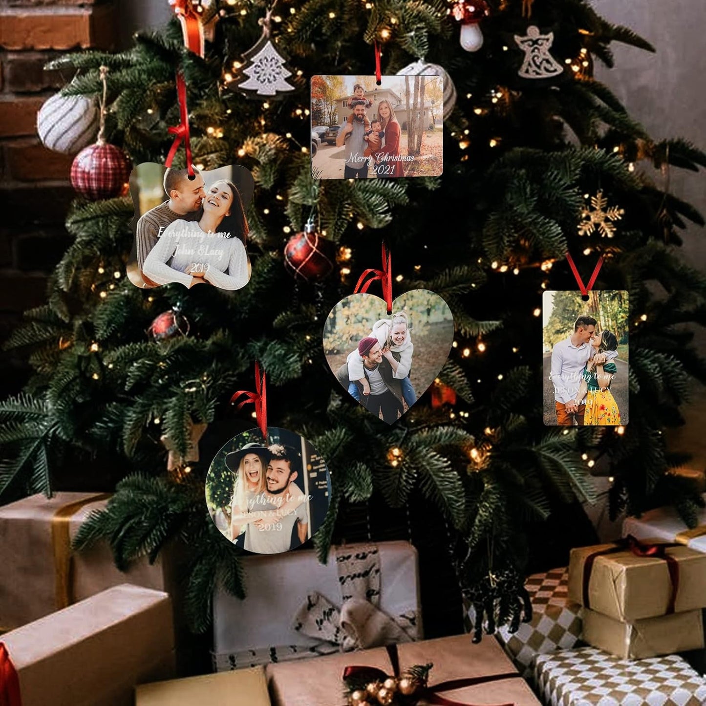 Gemszoo Personalized Picture Christmas Ornament, Custom Double Sided Photo Text Wooden Hanging Xmas Tree Keepsake Pendant Decoration Gift for Family (1, Flower Square)
