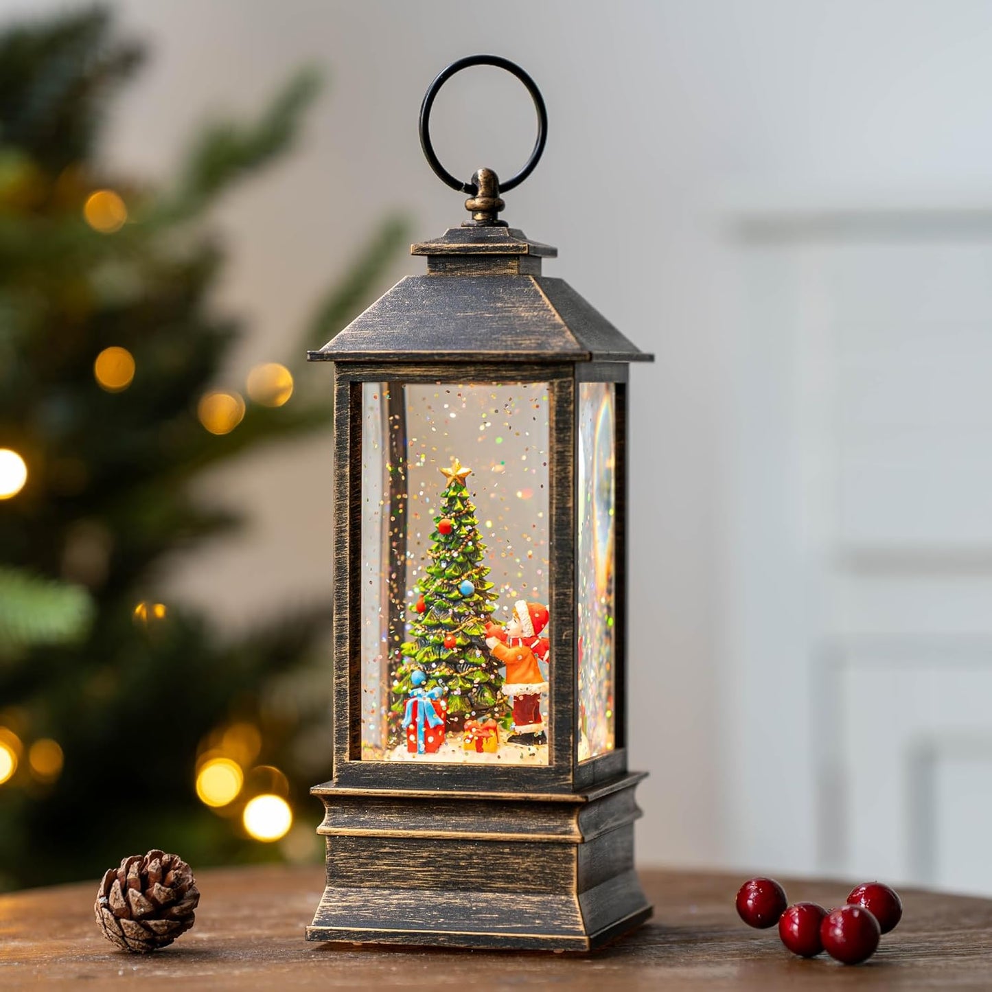 Christmas Snow Globe Lantern Water Glittering Christmas Tree Gifts with Music & Timer, USB Lined/Battery Operated Lighted Lantern for Christmas Festival Decorations