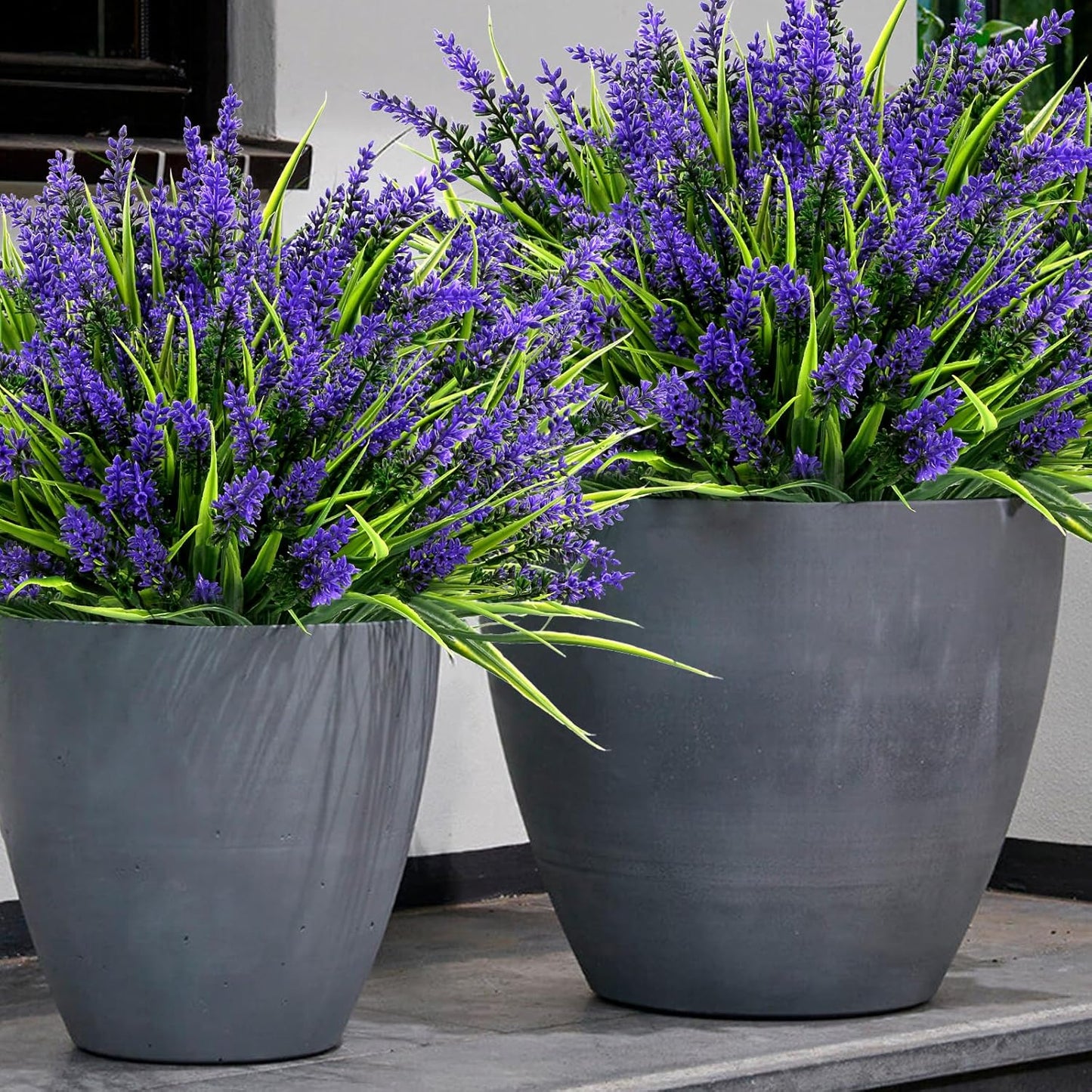 Geegoods 48 Bundles Artificial Plants Flowers Outdoor – Faux Lavender Flowers with Monkey Grass UV Resistant Plastic Faux Plants for Garden Porch Window Patio Hanging Planter Home Decor