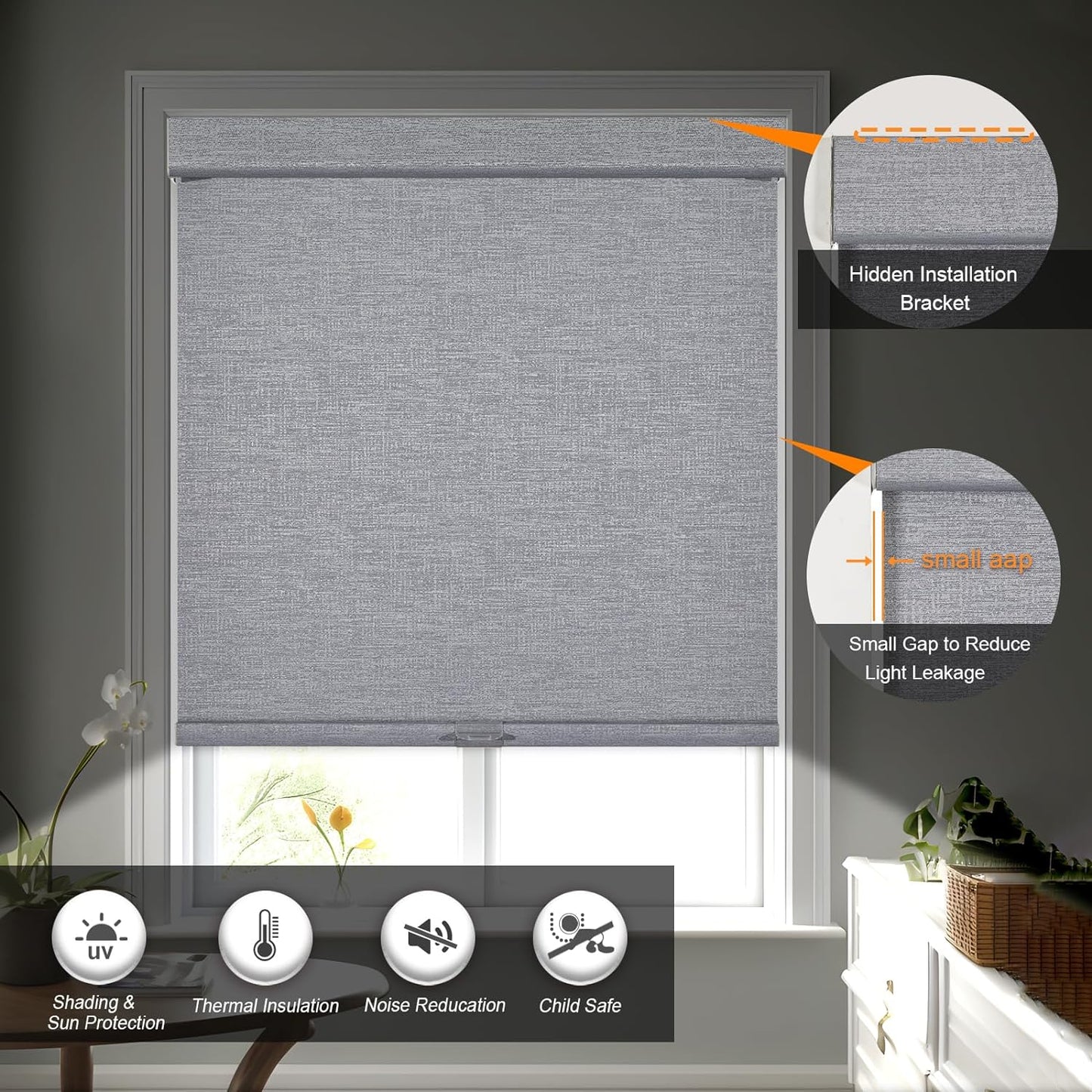 Persilux Blackout Roller Shades for Indoor Windows with Upgraded Cassette, Cordless Shades Window Blinds Pull Down for Doors, Easy to Install for Office/Living Room/Bedroom, Grey(49" W x 56" H)