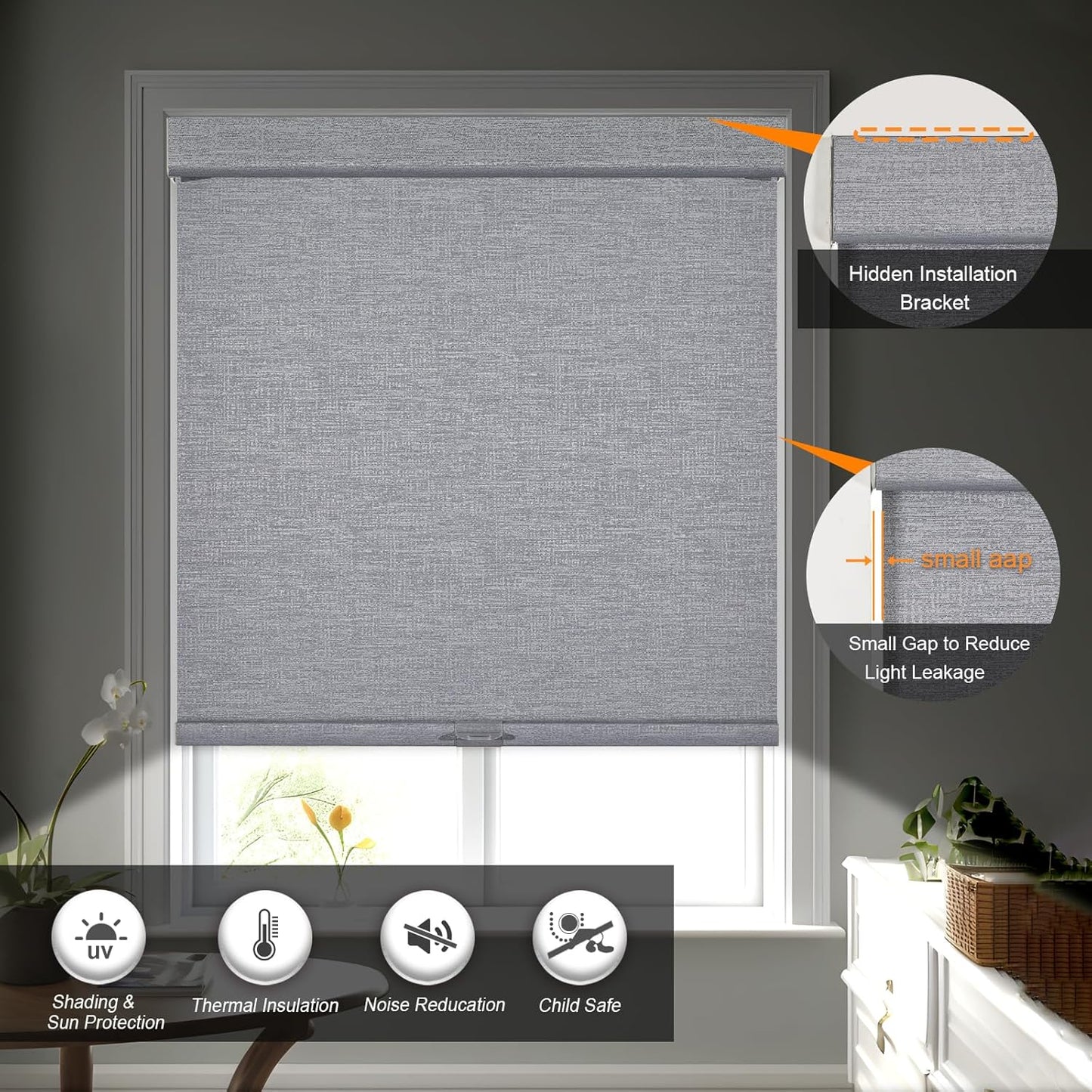 Persilux Blackout Roller Shades for Indoor Windows with Upgraded Cassette, Cordless Shades Window Blinds Pull Down for Doors, Easy to Install for Office/Living Room/Bedroom, Grey(75" W x 84" H)