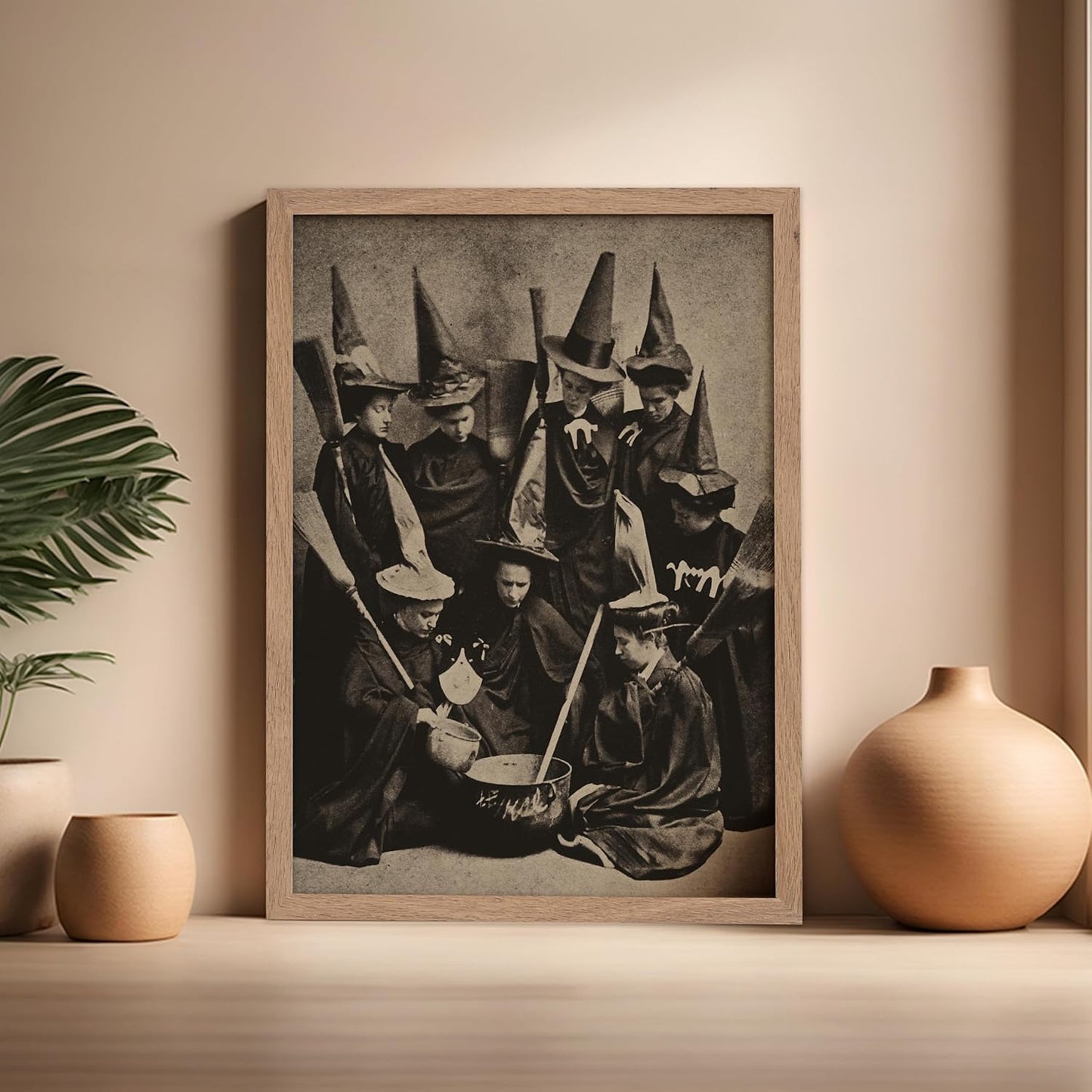 Poster Master Vintage Photograph Poster - Retro Halloween Print - Gift for Artist, Friend - Witches Cooking, Pointy Hats, Broomsticks, Black Magic - Wall Decor for Bedroom, 16x20 Beige Framed