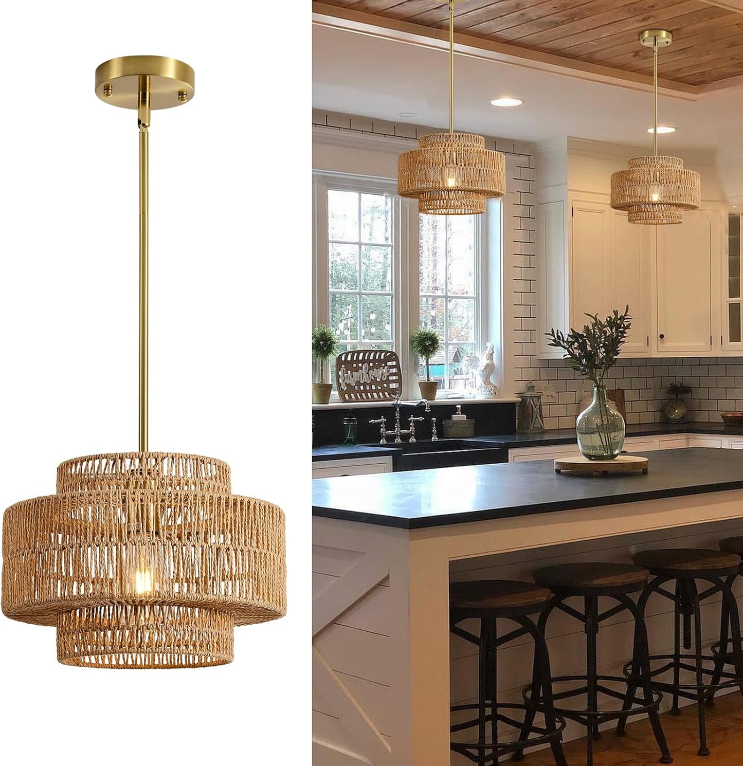 12.4” Boho Rattan Chandelier Light Fixture, 1-Light Hand Woven Pendant Light Fixture Farmhouse Rustic Hanging Lamp for Kitchen Island Bedroom, Dining Room, Living Room, Entryway, Foyer
