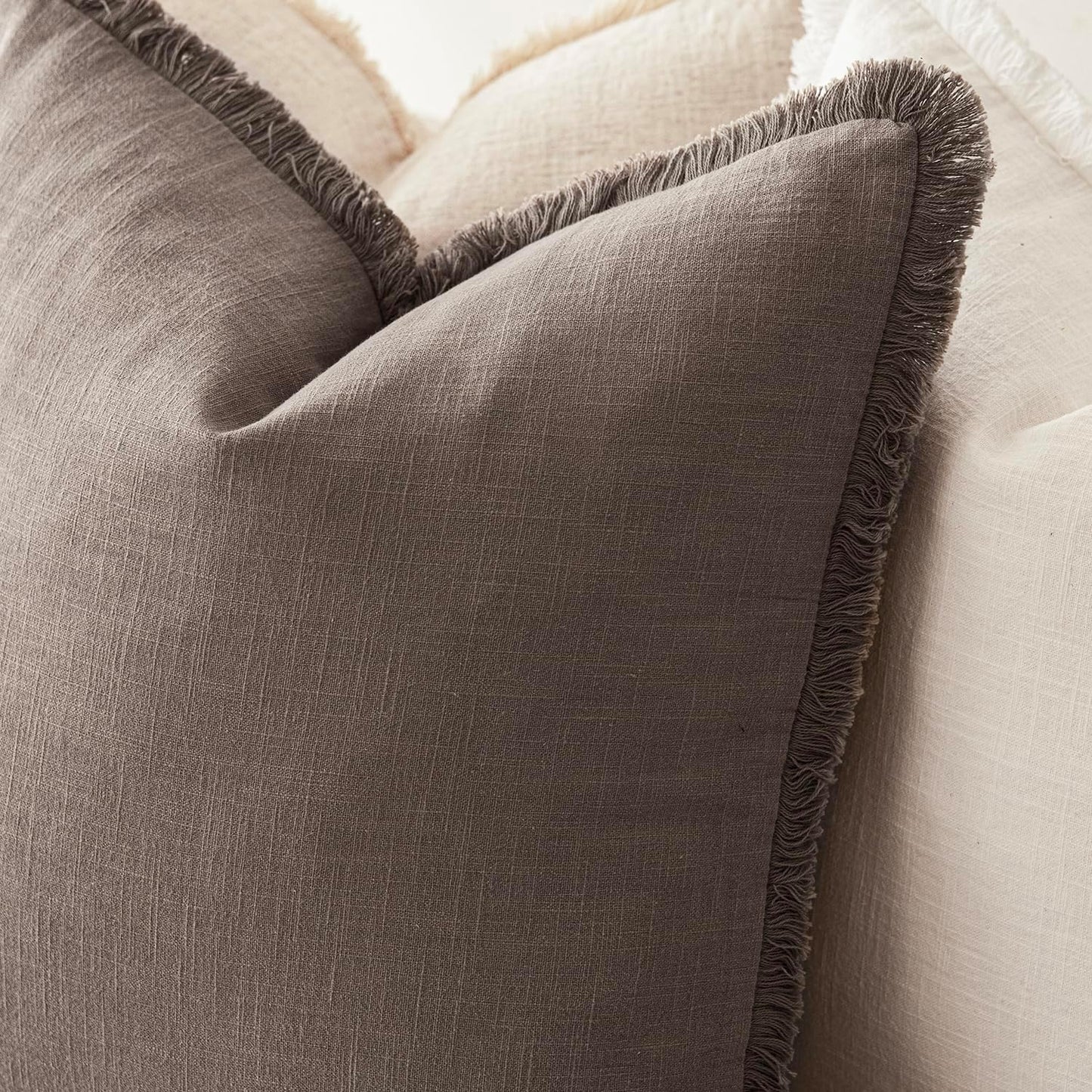 Foindtower Set of 2 Decorative Linen Fringe Throw Pillow Covers Cozy Farmhouse Cushion Cover with Tassels Accent Pillowcase for Couch Chair Sofa Bed Living Room Home Decor,24×24 Inch,Light Coffee