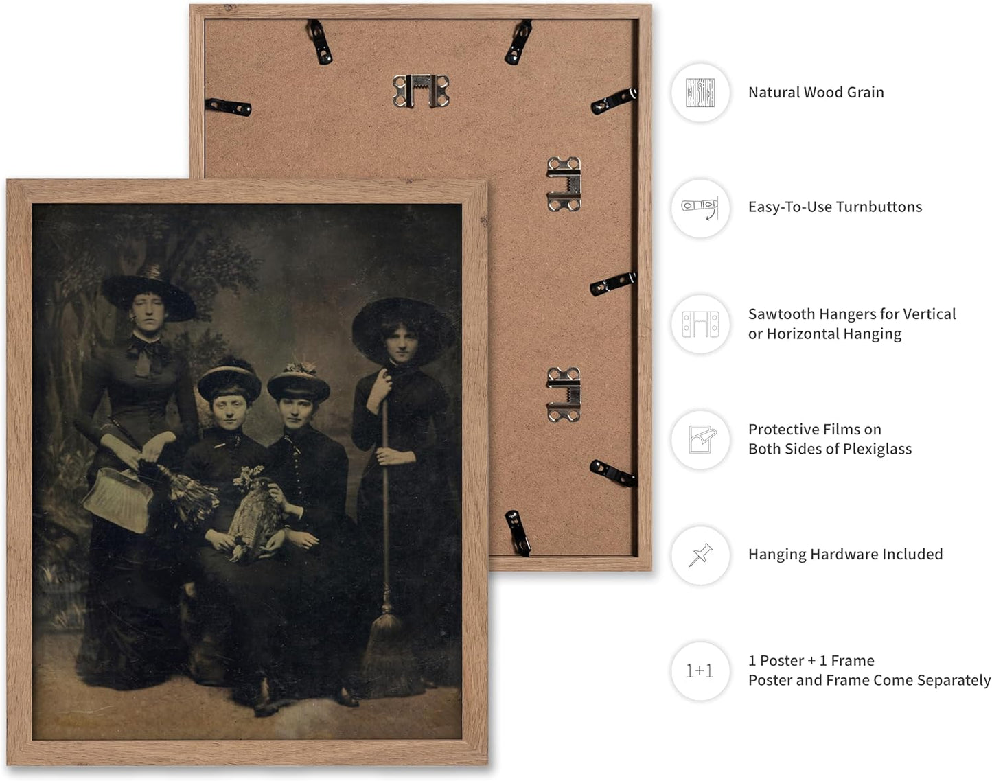 Poster Master Vintage Photograph Poster - Retro Halloween Print - Gift for Artist, Friend - Four Witches Wearing Robes, Sabbath, Coven, Sorcery - Wall Decor for Home, Office, 16x20 Beige Framed