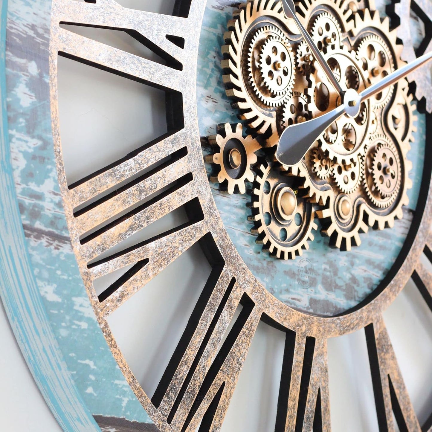 The Gears Clock 36'' Inch Real Moving Gear Wall Clock Vintage Industrial Oversized Rustic Farmhouse (Aqua Green)