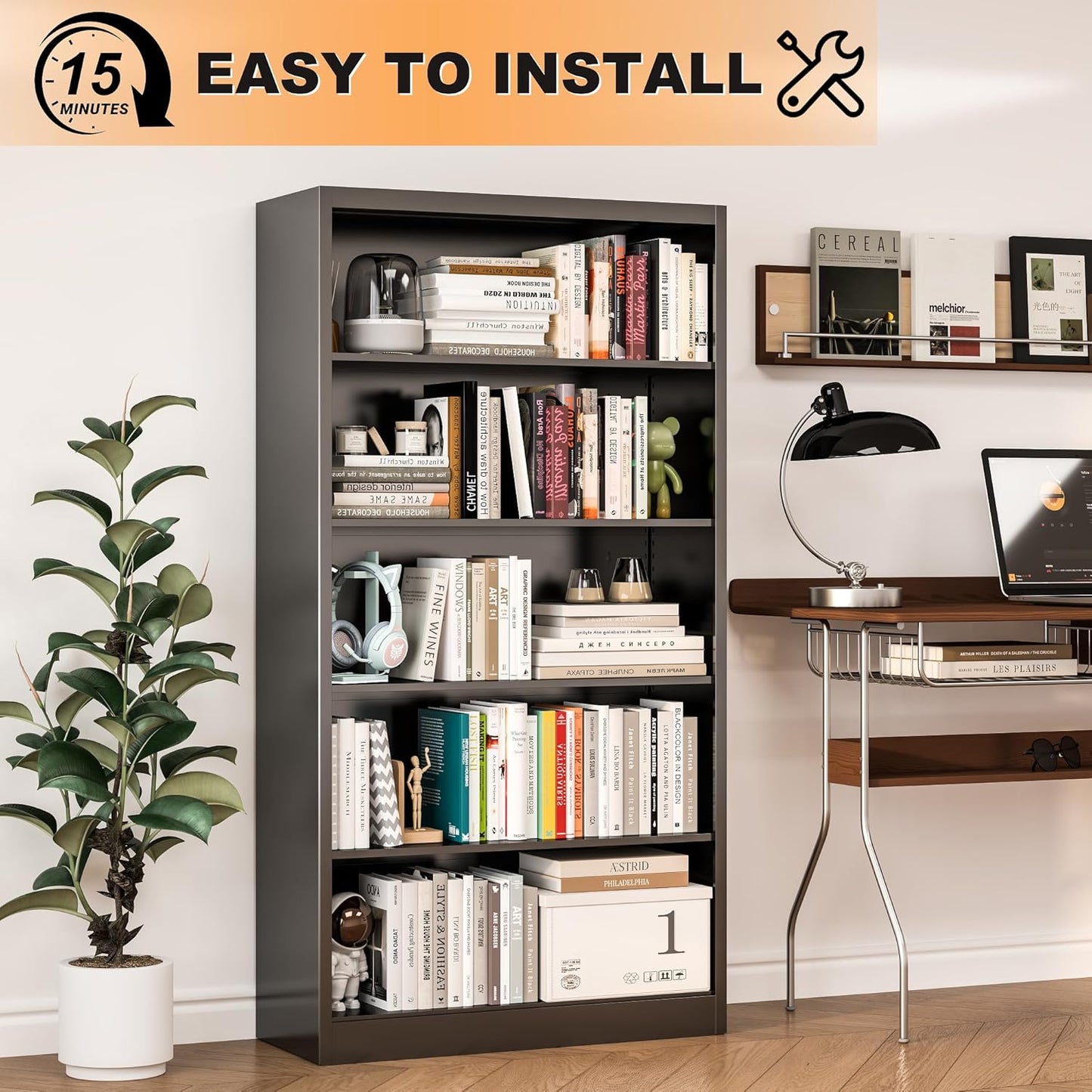 66" Tall Metal Bookcase, 5 Shelf Black Bookcase with Adjustable Shelves, Large Bookshelves and Bookcases, Modern Book Shelf Storage Organizer for Living Room, Home Office, Library (Black)