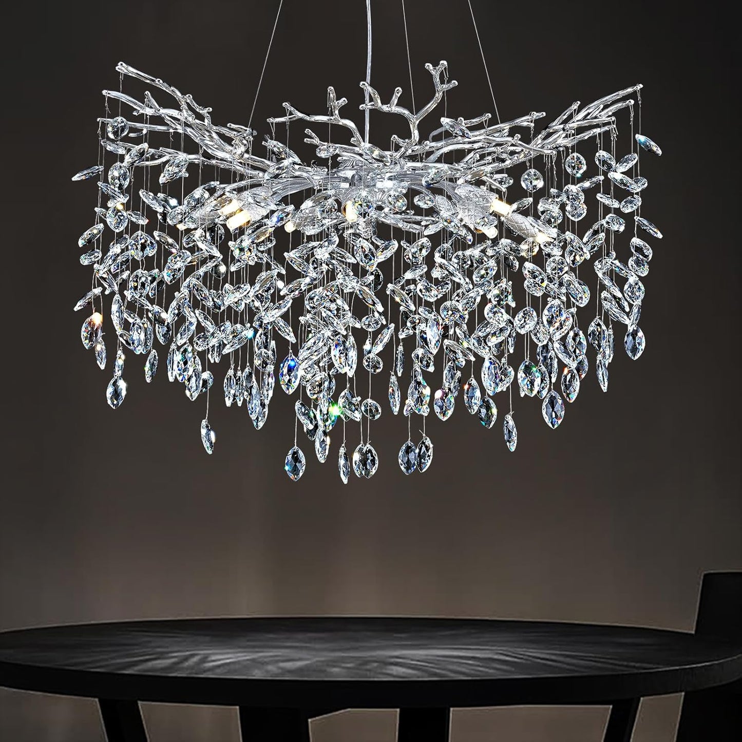 Modern Round Crystal Chandeliers, 30" Crystal Chandeliers for Dining Room,Silver Tree Branches Chandelier, for Living Room,High Ceiling,Foyer,Entryway,Kitchen Island