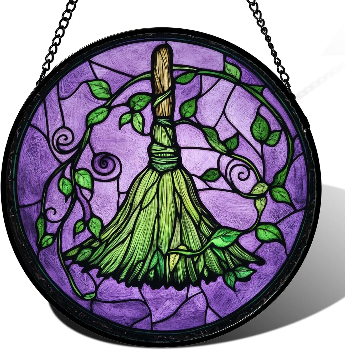 Stained Glass Window Hanging - Halloween Decorations Witch Magic Broom Suncatcher for Doors Garden Indoor Funny Spooky Sun Catchers Gothic Decor Horror Gifts for Women Men Friend 6.3 in