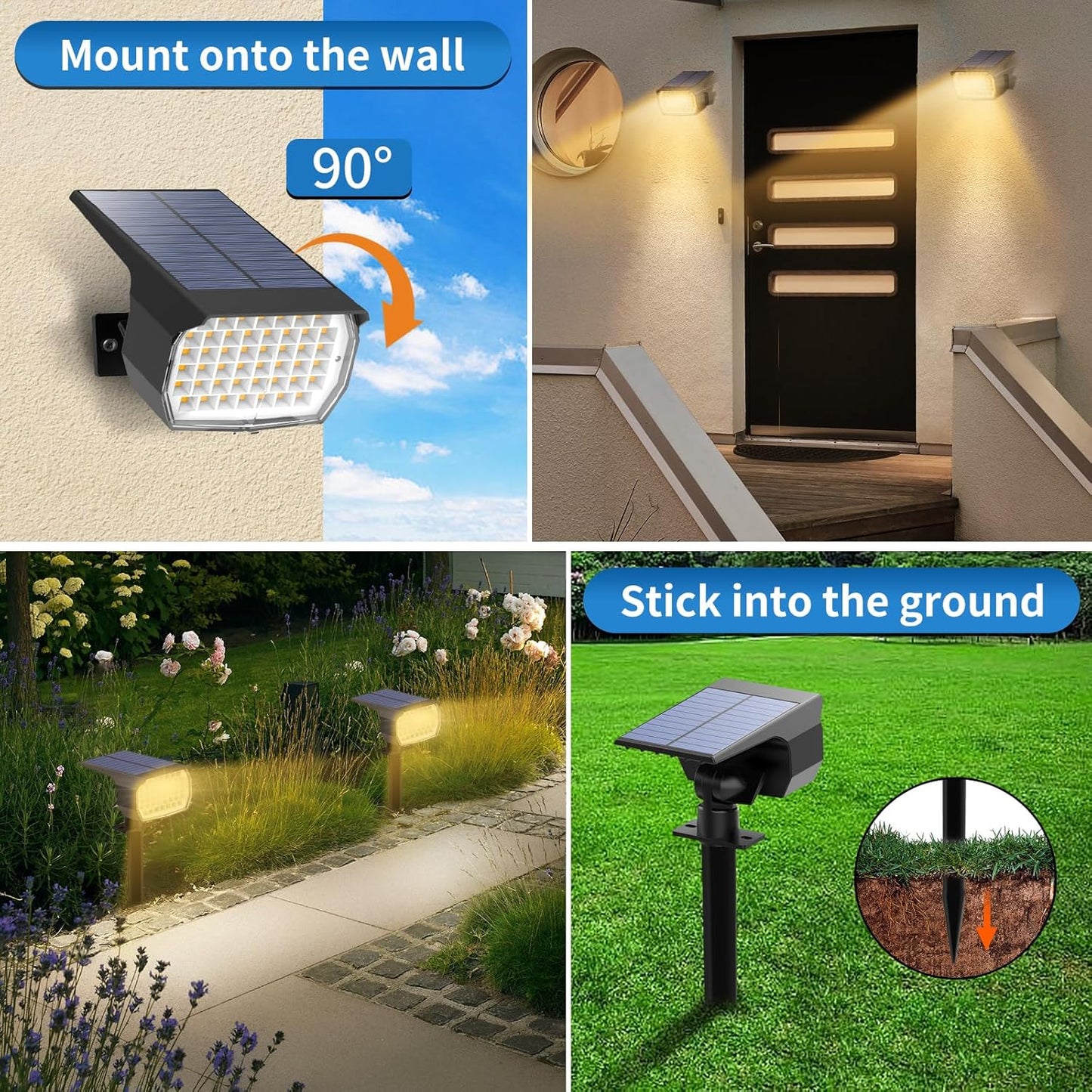 Solar Spot Lights Outdoor 2 Pack, [46 LED/3 Modes] Solar Landscape Spotlights Waterproof, 2-in-1 Auto On/Off Solar Powered Lights for Outside Yard Garden Wall Pathway(Warm White)