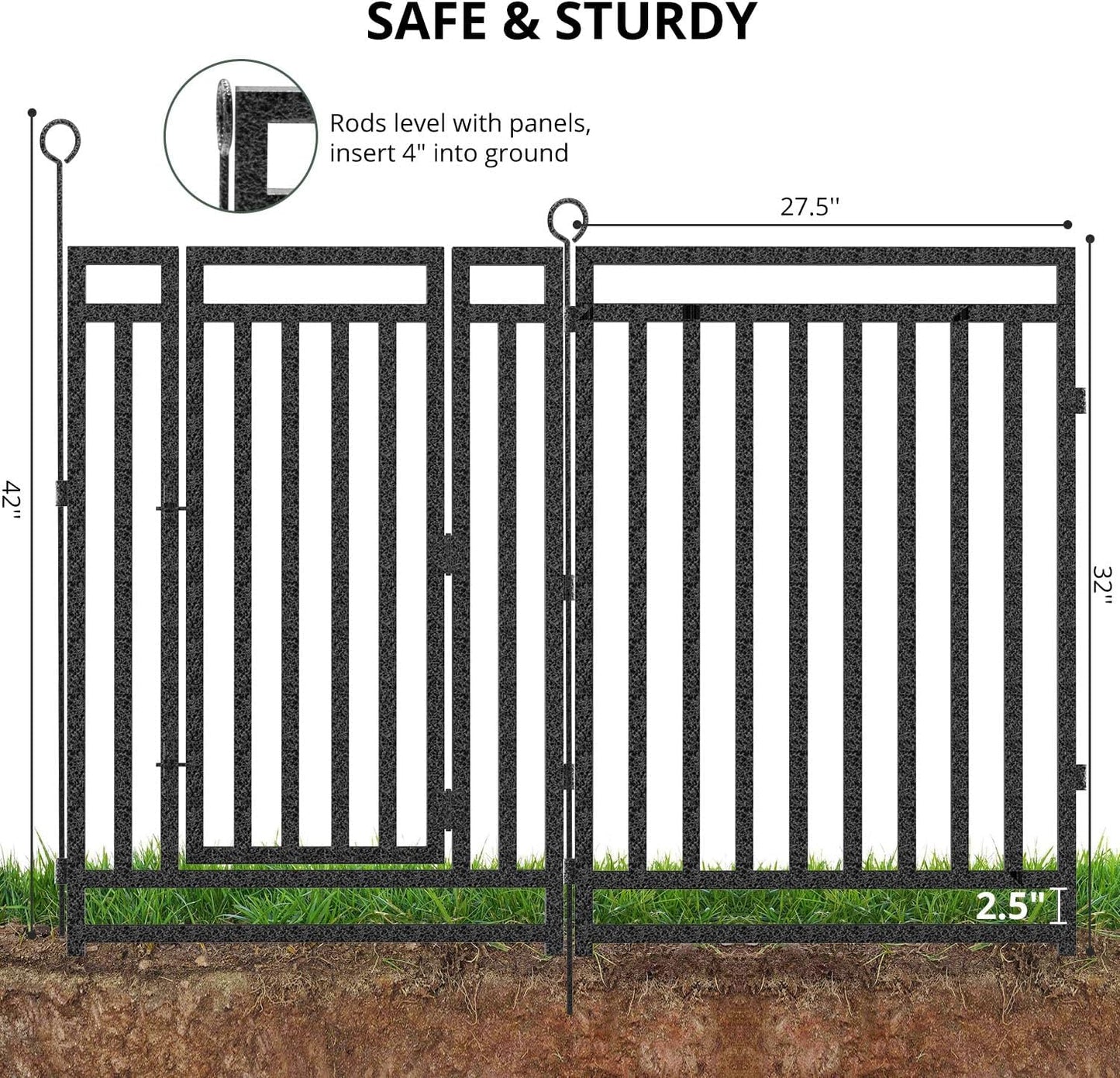 Decorative Garden Fence Metal Dog Fence Outdoor for Yard, 110ft (L) × 32in (H), 42 Panels + 6 Gates, Rustproof Animal Barrier Fencing for Patio & Flower Bed, No Dig, Black-Silver