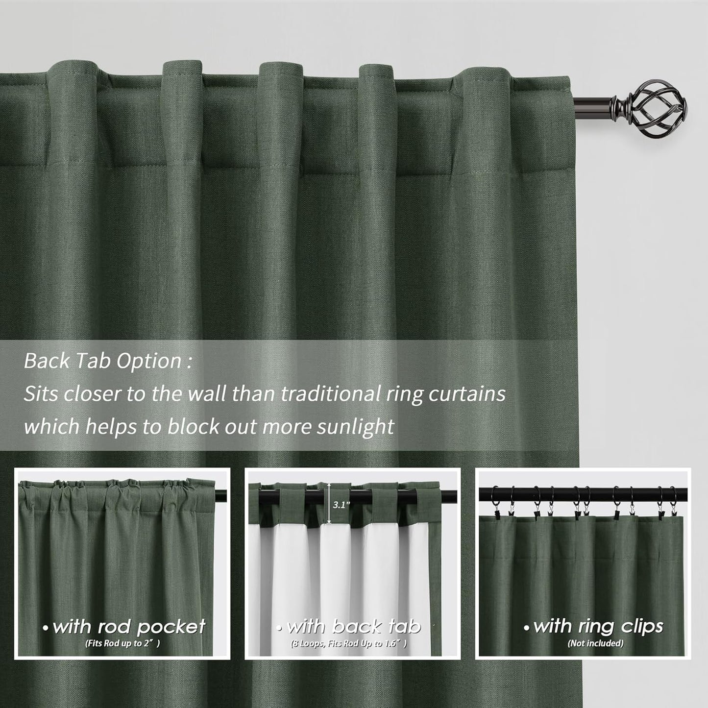 BOODII 63 Inch Blackout Curtains Olive Green Linen Black Out Curtains for Bedroom 2 Panels Set Modern Room Darkening Curtain Thermal Insulated Curtain for Winter Window Drapes Back Tab Loden 52x63