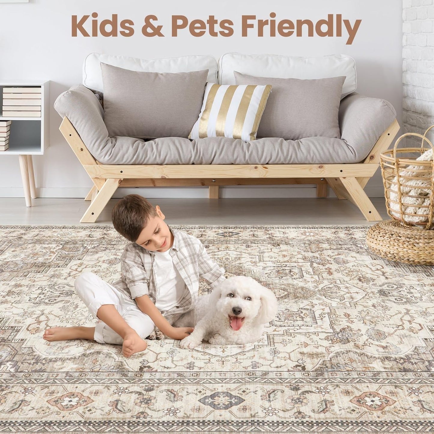 Washable Area Rugs for Living Room - 5x7 Neutral Vintage Distressed Floral Farmhouse Boho Large Soft Floor Rug Indoor Non Slip Carpet for Bedroom Dining Room Office - Brown/Multi