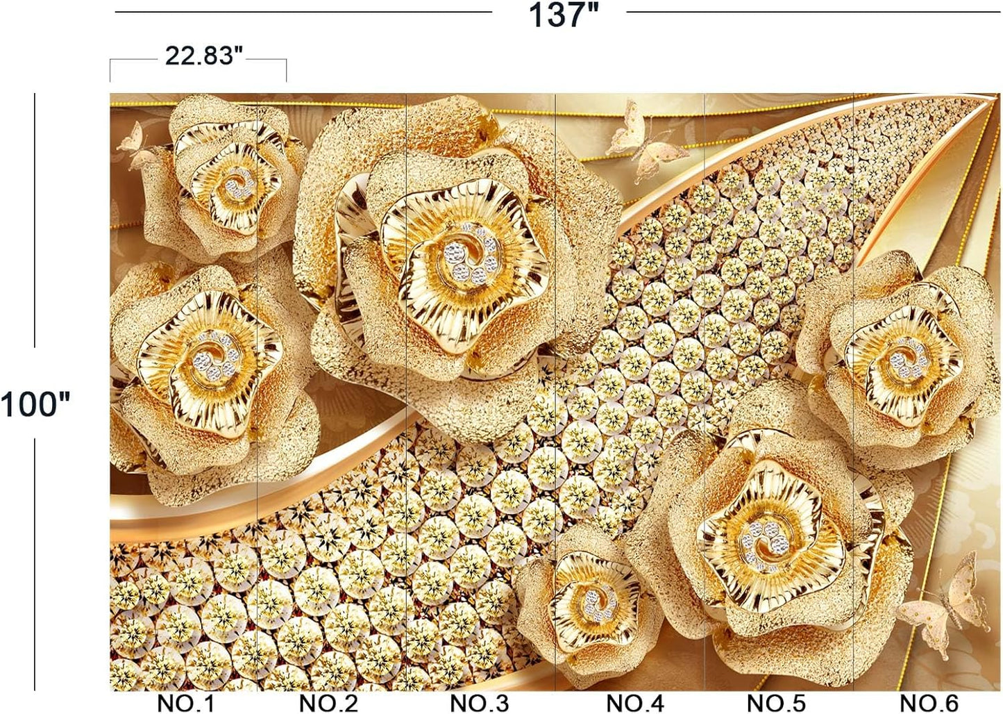 Golden Jewelry Diamond Rose Butterfly Wall Mural Wallpaper for Bedroom 137" x 100"