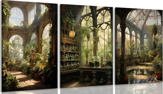 3pcs Framed William Morris Green Plants Canvas Wall Art Medieval Castle Posters Prints Gothictalian Landscape Painting Pictures Paintings Wall Decor for Living Room Bathroom Bedroom Decoration