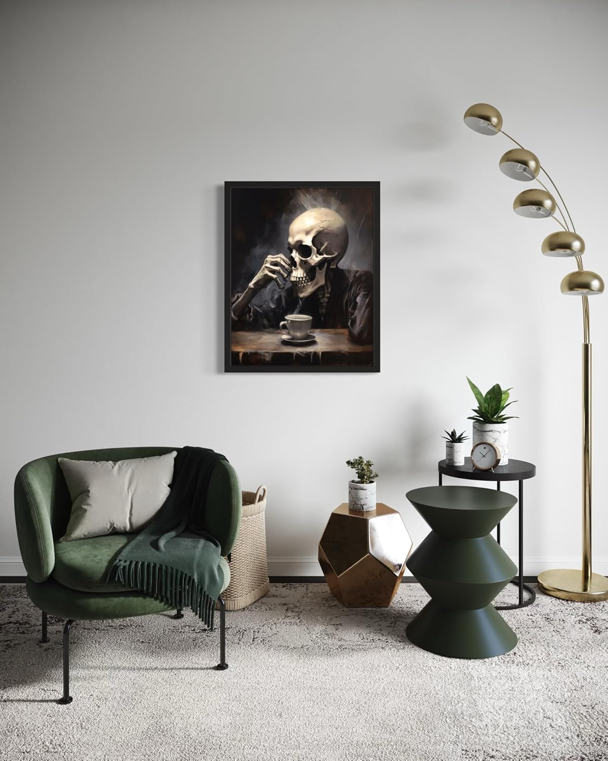 Skull Drinking Coffee Poster Art Print, Halloween Scary Vintage Wall Art Academia Spooky Painting Decoration for Horror Prints, Gothic Posters Bedroom Decor 89 (Skull Drinking Coffee, 8 x 10 inches, Black Frame)