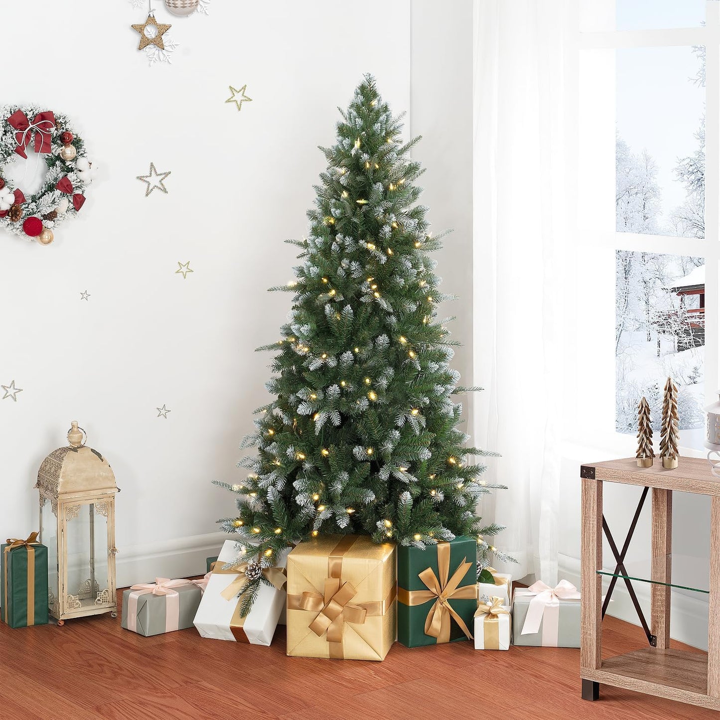 Naomi Home 4.5ft White Tip Christmas Tree with Lights, Realistic Light Snow Flocked Fir Prelit with 679 Branch Tips, 200 Warm Lights and Metal Stand, Aritificial Tree