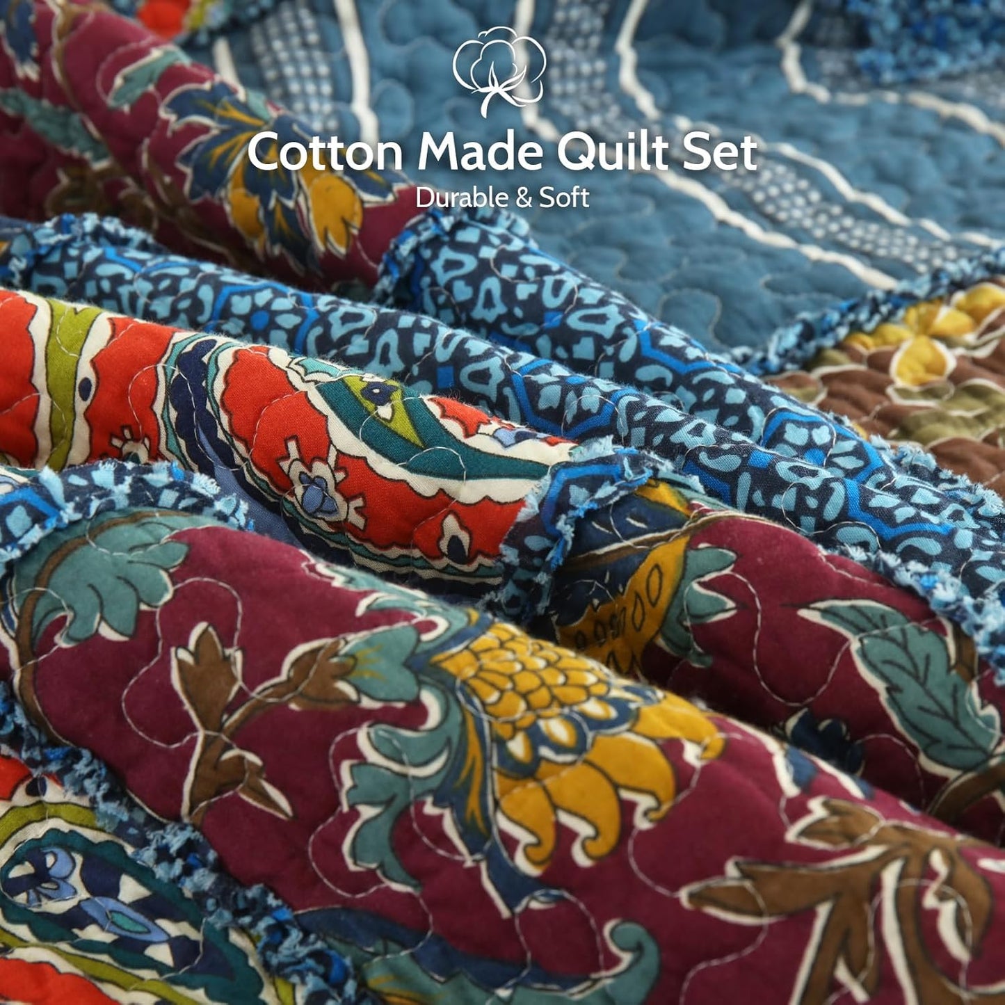 Yvooxny Queen Quilt Set Reversible Paisley Queen Size Quilted Bedspread Coverlet Set Country Farmhouse Cottage Quilted Bedding Set with Pillowcases for All Seasons, Queen Size, 98 * 90 Inches