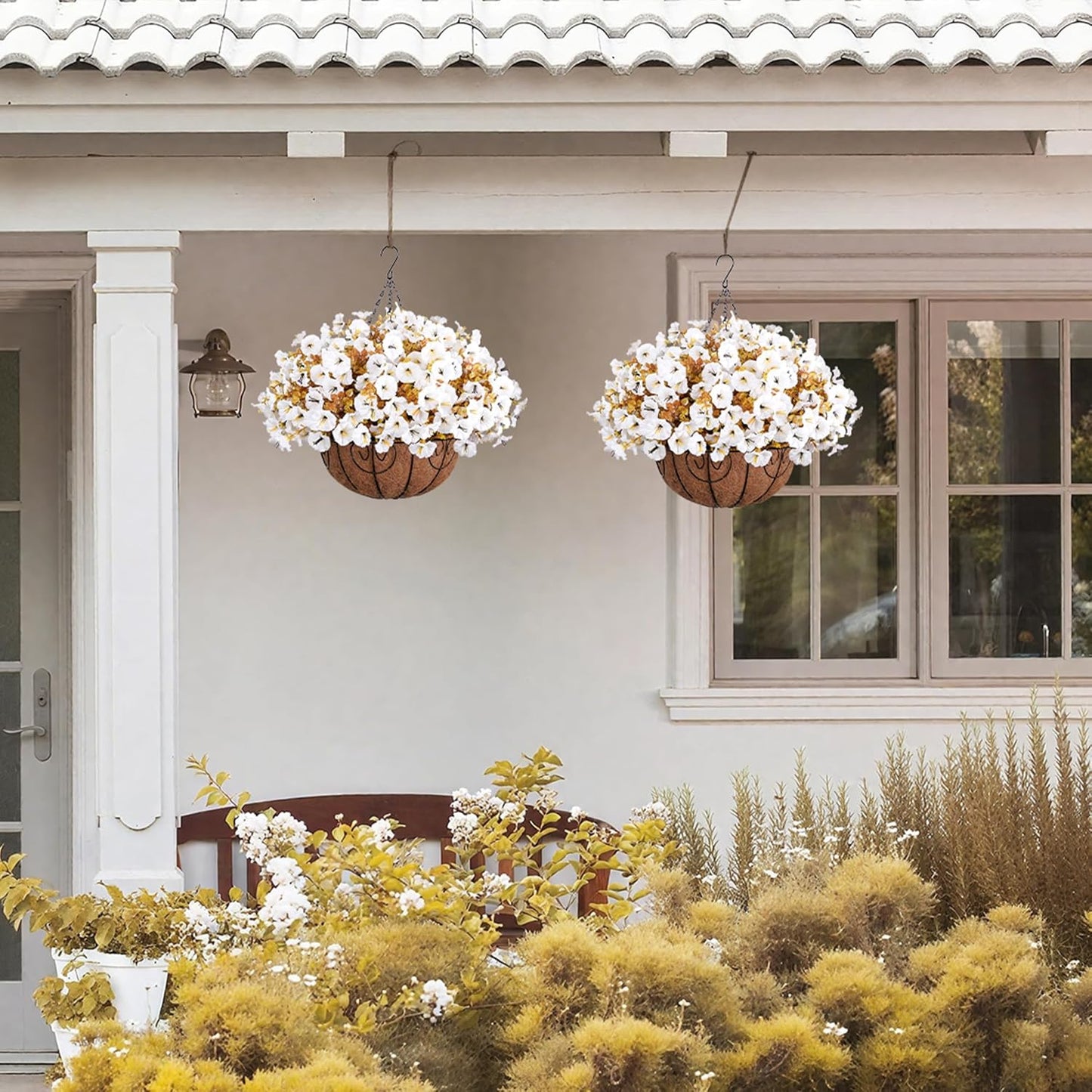 Artificial Fall Flowers Fake Hanging Plants Flowers Basket for Outdoors Autumn Decoration, Silk Morning Glory with Eucalyptus Look Real UV Resistant Faux Flowers for Outside Porch Patio Balcony, White