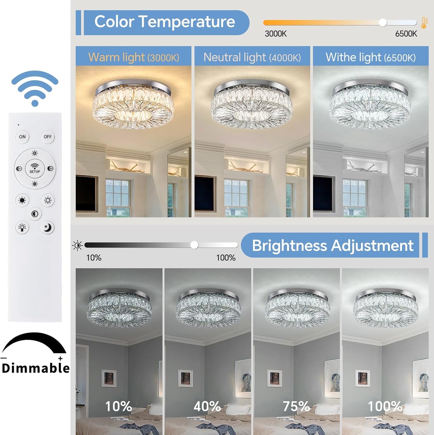 16.5 Inch Dimmable Chandelier with Remote Control LED Crystal Chandelier Modern Flush Mount Ceiling Light Fixtures for Living Room Bedroom Dining Room Entrance (dimmable-16.5")