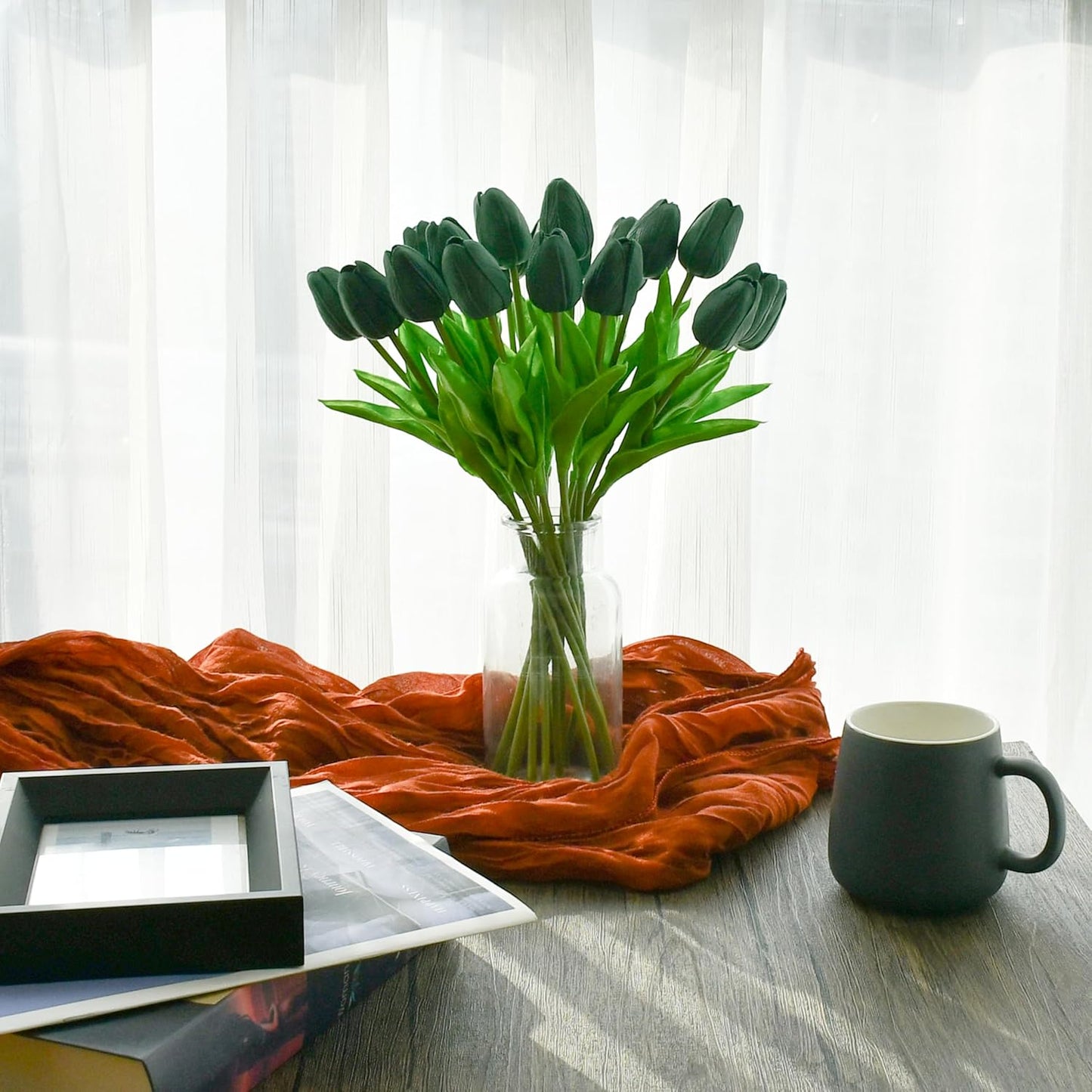 Mandy's Artificial Tulips 20 Stems Dark Green PU Faux Flowers for Wedding Home Decor 13.5 Inch