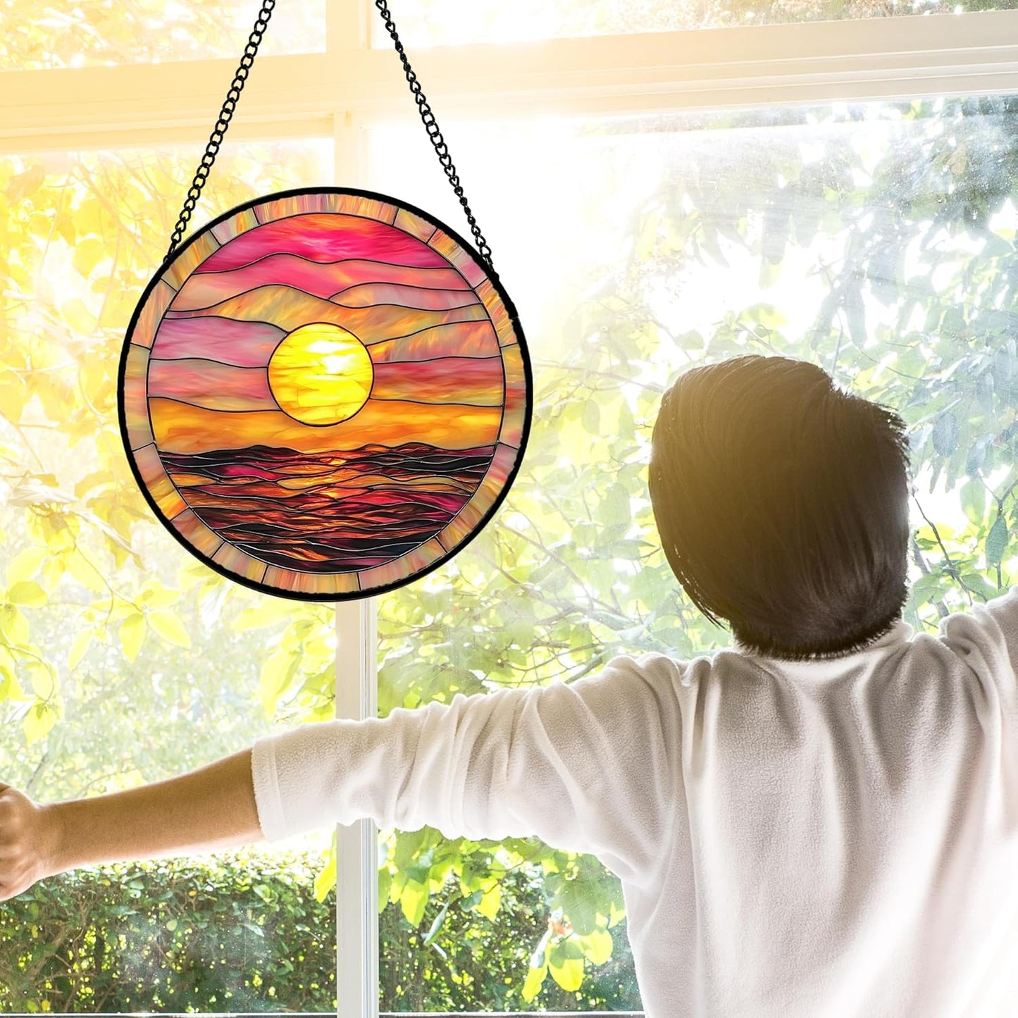 Stained Glass Window Hanging, Sunrise Sea Surface Sun Catchers Diamond Glass Panel Hangings Abstract Suncatcher Decor for Birthday for Women, Men, Wife, Aunt, and Mom 11.8 in