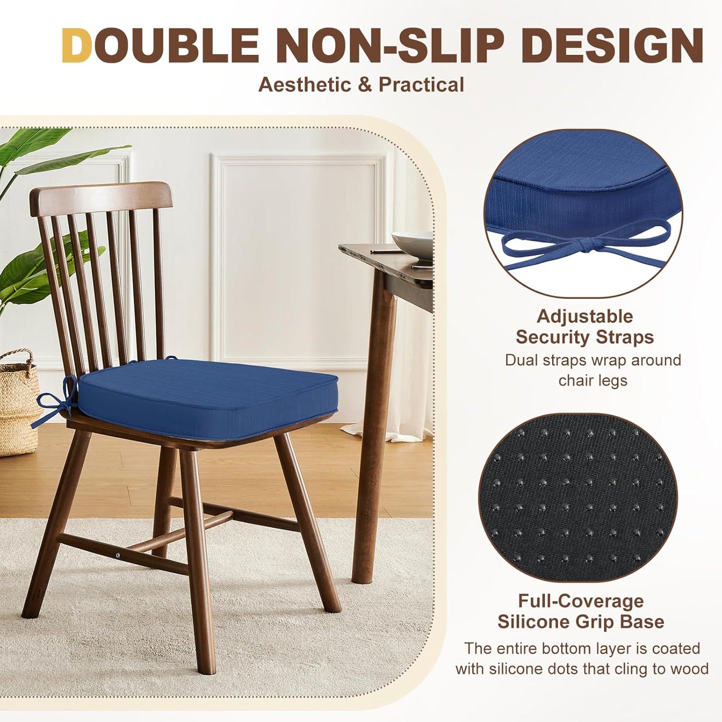 downluxe Chair Cushions for Dining Chairs, Waterproof Kitchen Chair Pads, Non-Slip Dining Seat Cushion with Ties, 17" x 16" x 2.5", Blue, 4 Pack